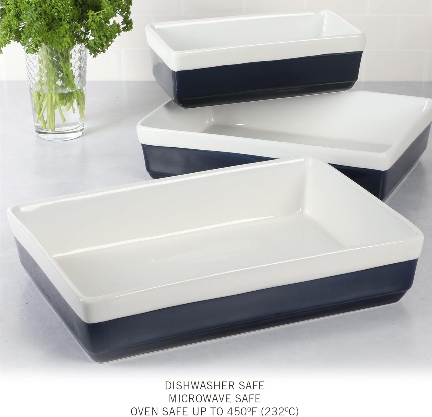 imageMARTHA STEWART 3Piece Oven to Table Stoneware Bakeware Set Baking Dish amp Casserole Set Red Durable OvenSafe Bakeware for Baking and ServingCobalt Blue