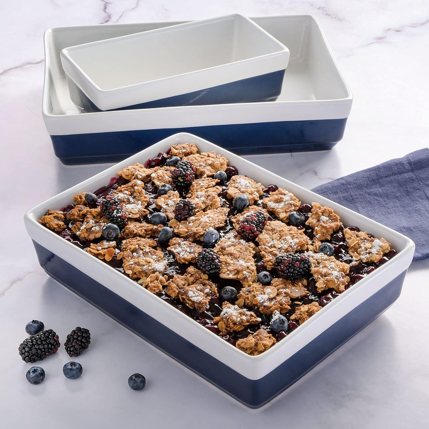imageMARTHA STEWART 3Piece Oven to Table Stoneware Bakeware Set Baking Dish amp Casserole Set Red Durable OvenSafe Bakeware for Baking and ServingCobalt Blue