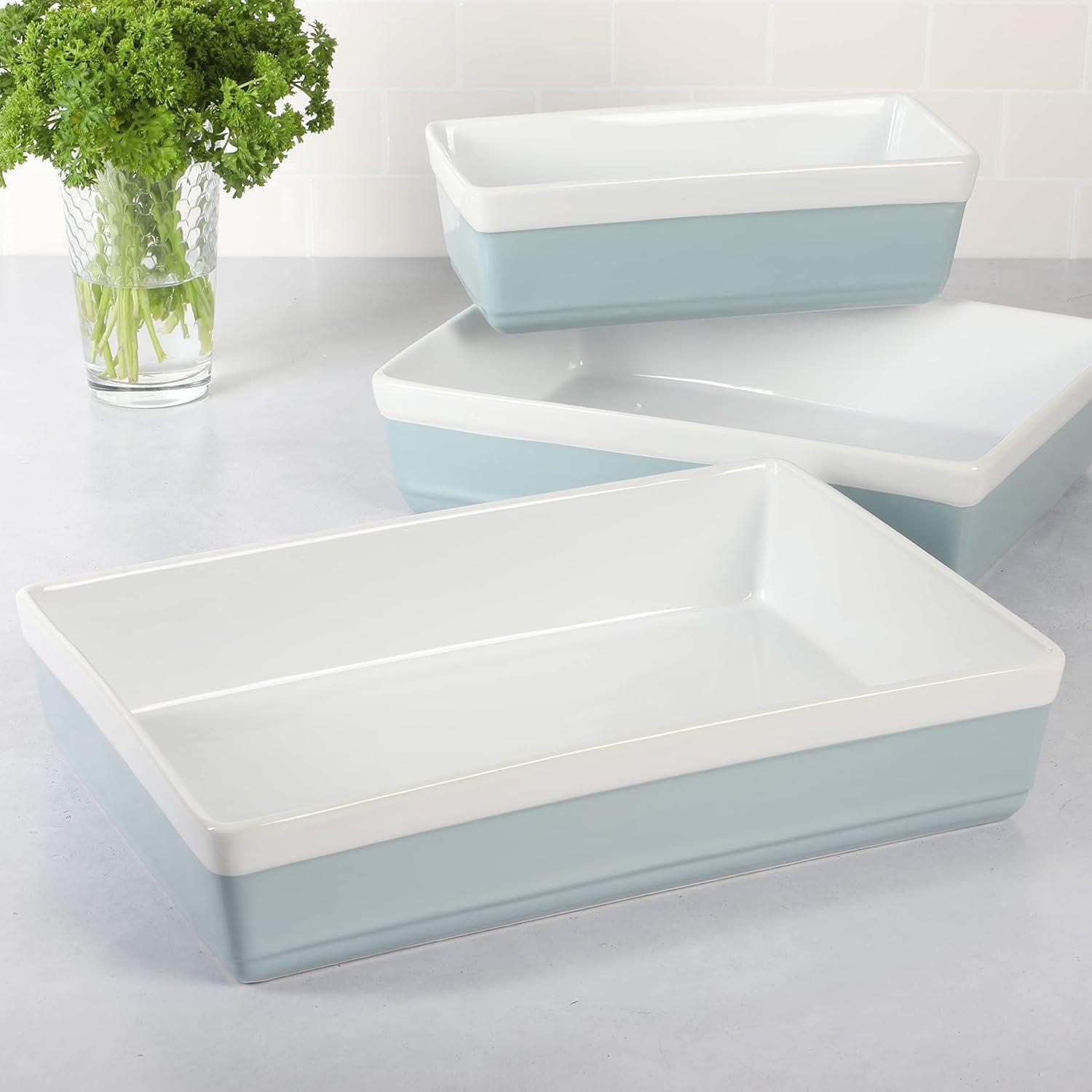 imageMARTHA STEWART 3Piece Oven to Table Stoneware Bakeware Set Baking Dish amp Casserole Set Red Durable OvenSafe Bakeware for Baking and ServingDusty Blue