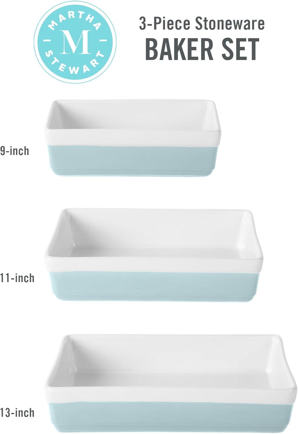 imageMARTHA STEWART 3Piece Oven to Table Stoneware Bakeware Set Baking Dish amp Casserole Set Red Durable OvenSafe Bakeware for Baking and ServingDusty Blue