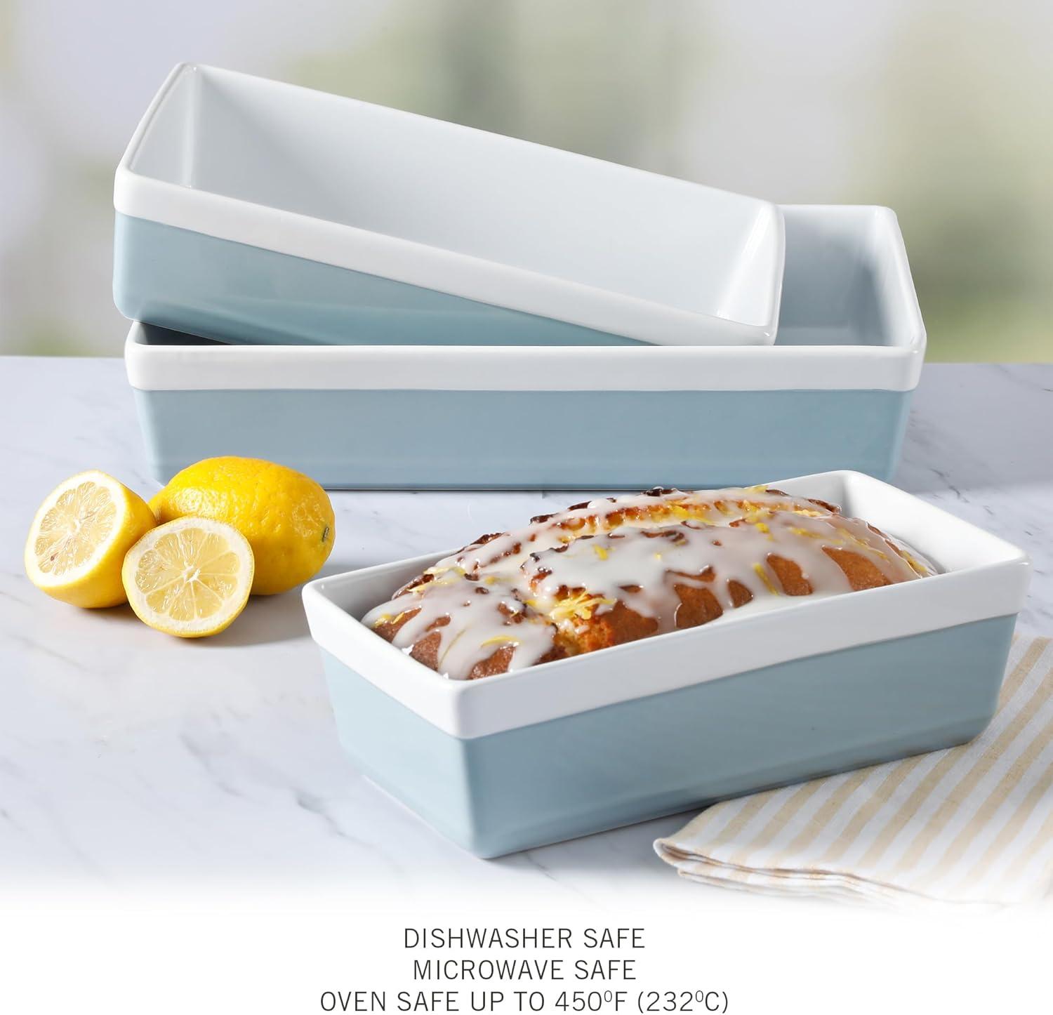imageMARTHA STEWART 3Piece Oven to Table Stoneware Bakeware Set Baking Dish amp Casserole Set Red Durable OvenSafe Bakeware for Baking and ServingDusty Blue