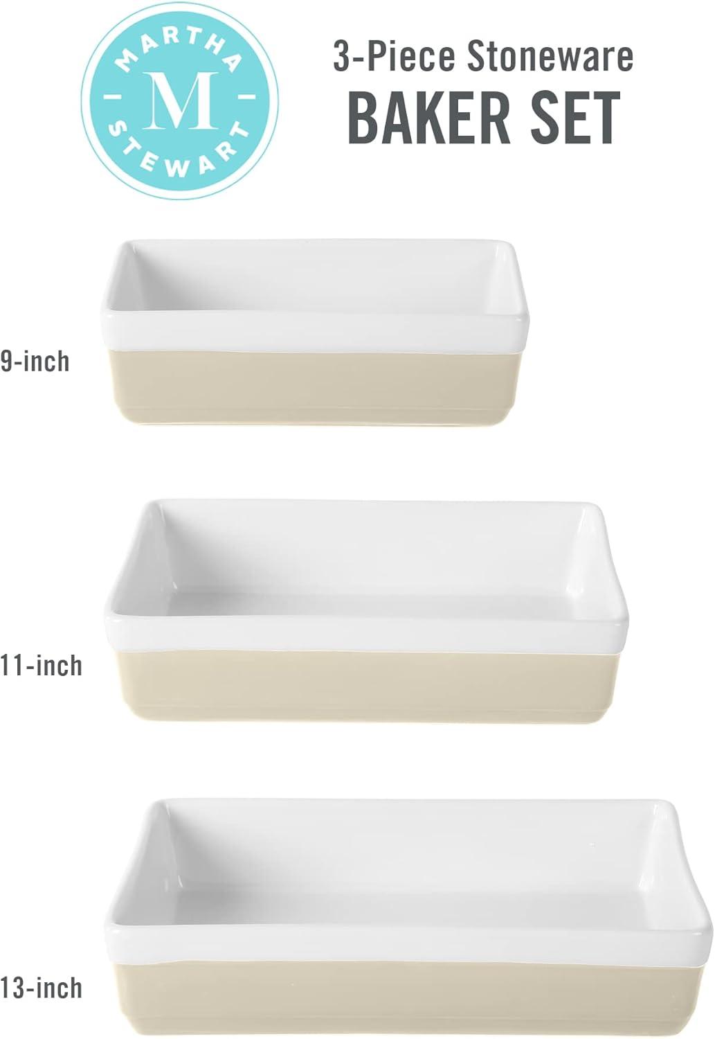 imageMARTHA STEWART 3Piece Oven to Table Stoneware Bakeware Set Baking Dish amp Casserole Set Red Durable OvenSafe Bakeware for Baking and ServingGrey