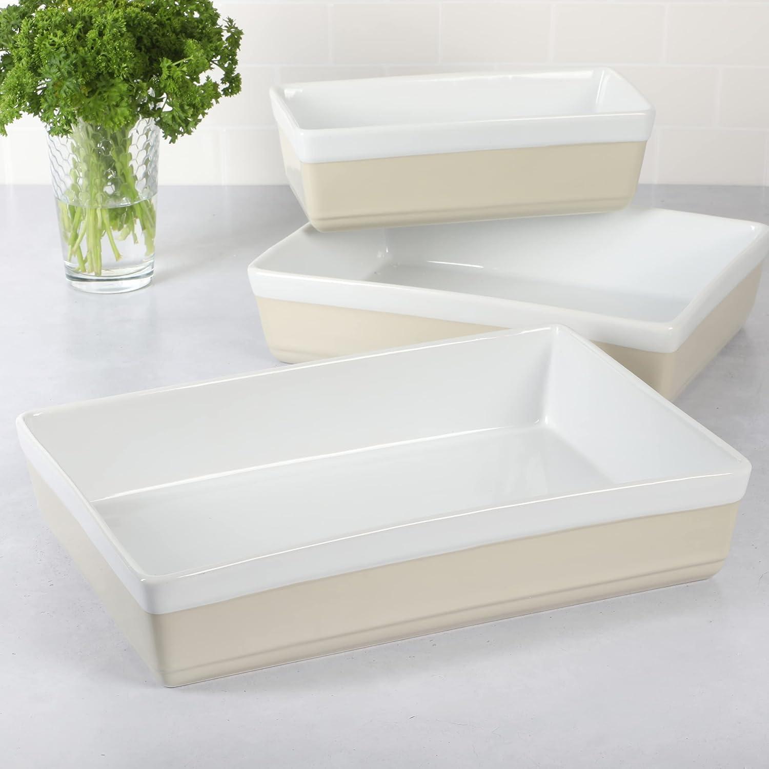 imageMARTHA STEWART 3Piece Oven to Table Stoneware Bakeware Set Baking Dish amp Casserole Set Red Durable OvenSafe Bakeware for Baking and ServingGrey