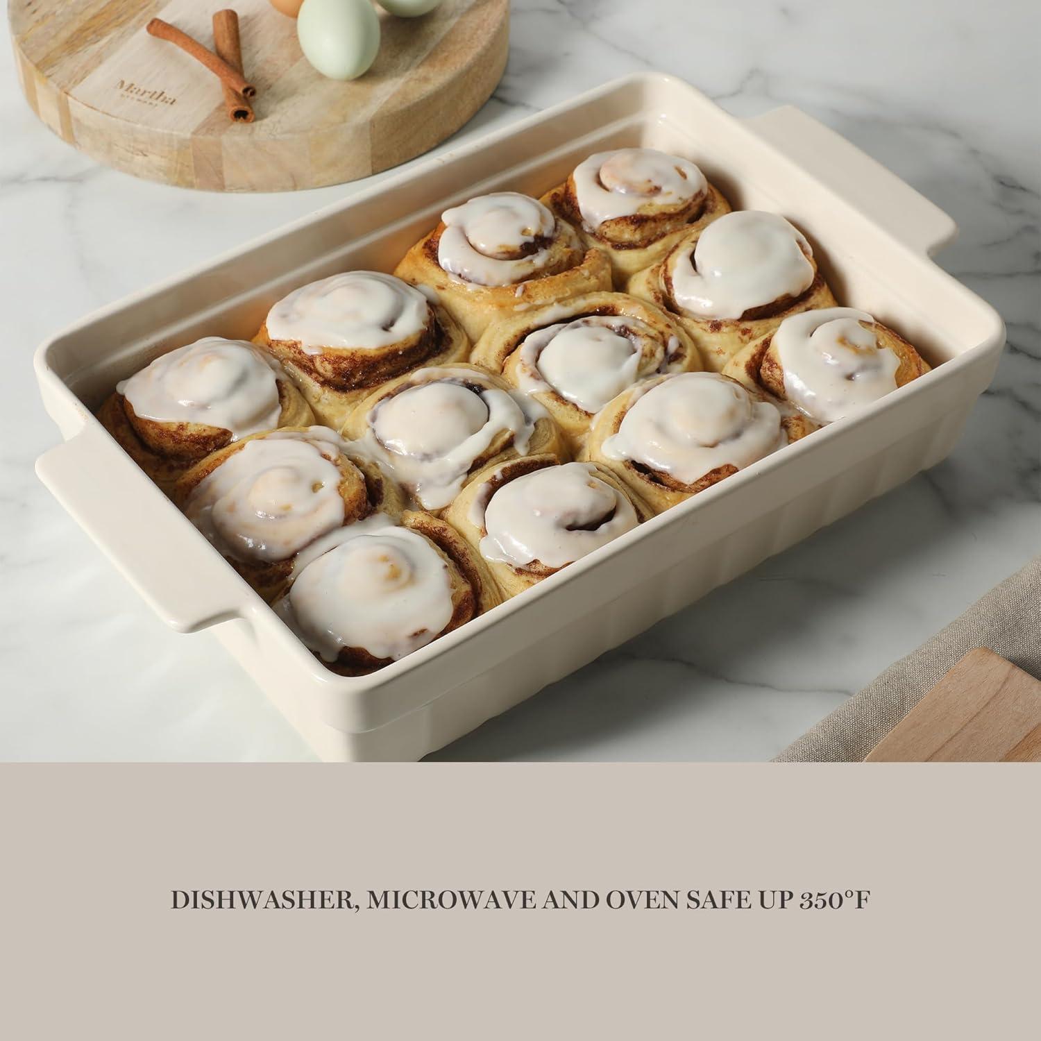 imageMARTHA STEWART 3Piece Oven to Table Stoneware Bakeware Set Baking Dish amp Casserole Set Red Durable OvenSafe Bakeware for Baking and ServingLinen White