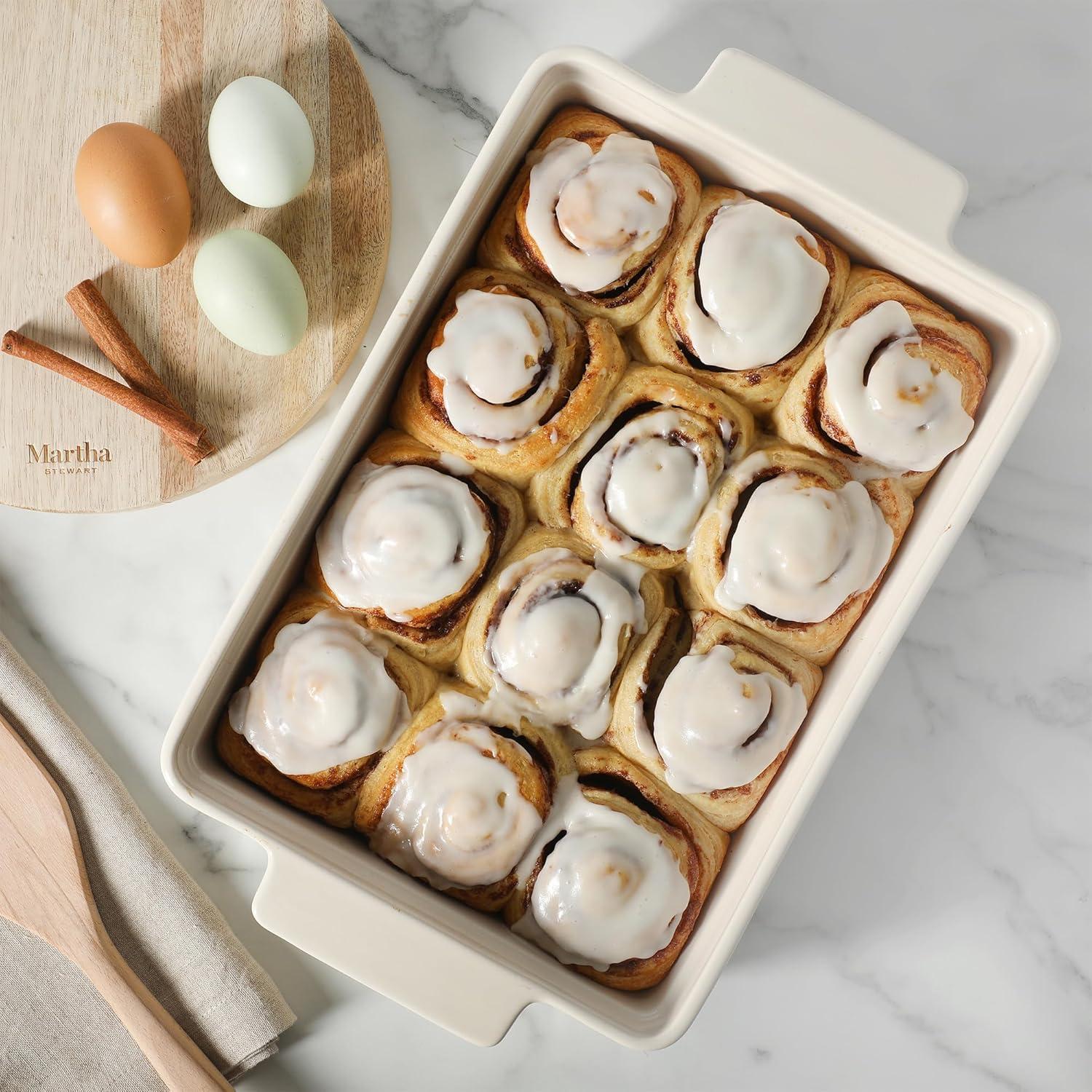imageMARTHA STEWART 3Piece Oven to Table Stoneware Bakeware Set Baking Dish amp Casserole Set Red Durable OvenSafe Bakeware for Baking and ServingLinen White