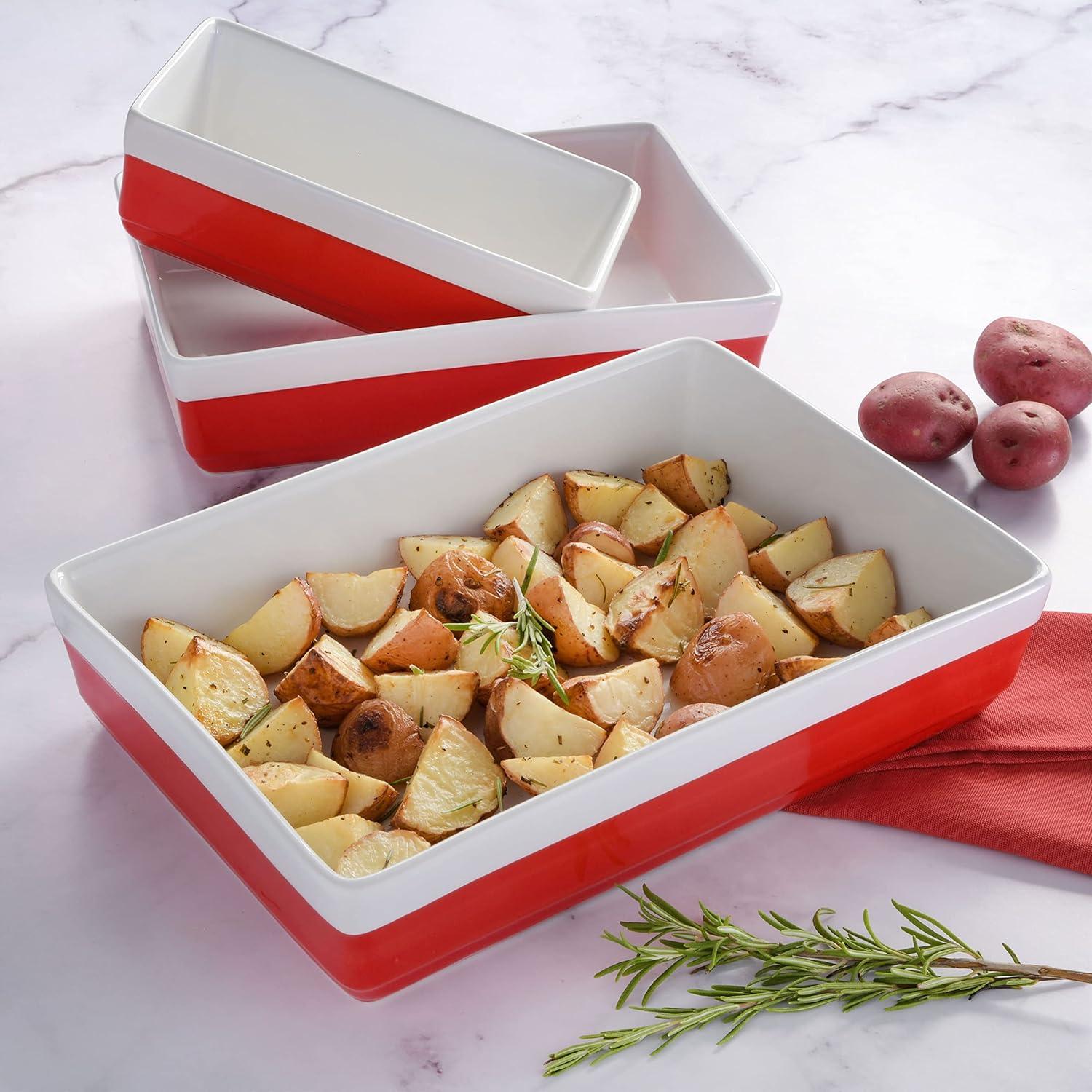 imageMARTHA STEWART 3Piece Oven to Table Stoneware Bakeware Set Baking Dish amp Casserole Set Red Durable OvenSafe Bakeware for Baking and ServingRed