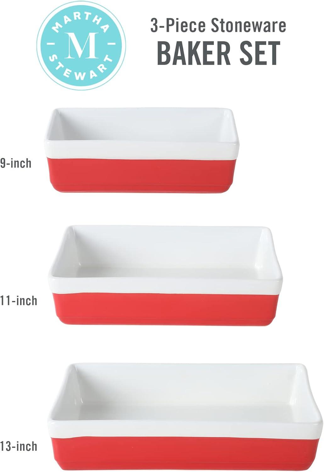 imageMARTHA STEWART 3Piece Oven to Table Stoneware Bakeware Set Baking Dish amp Casserole Set Red Durable OvenSafe Bakeware for Baking and ServingRed