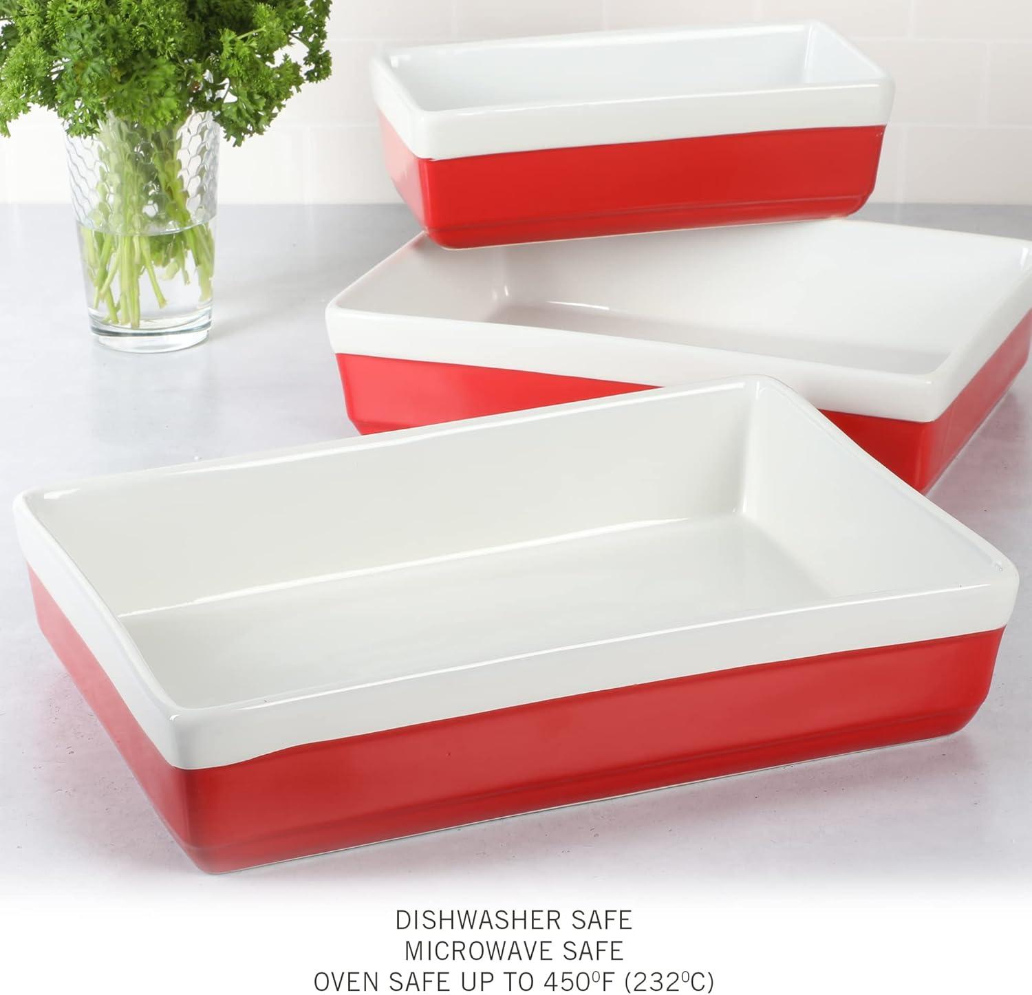 imageMARTHA STEWART 3Piece Oven to Table Stoneware Bakeware Set Baking Dish amp Casserole Set Red Durable OvenSafe Bakeware for Baking and ServingRed