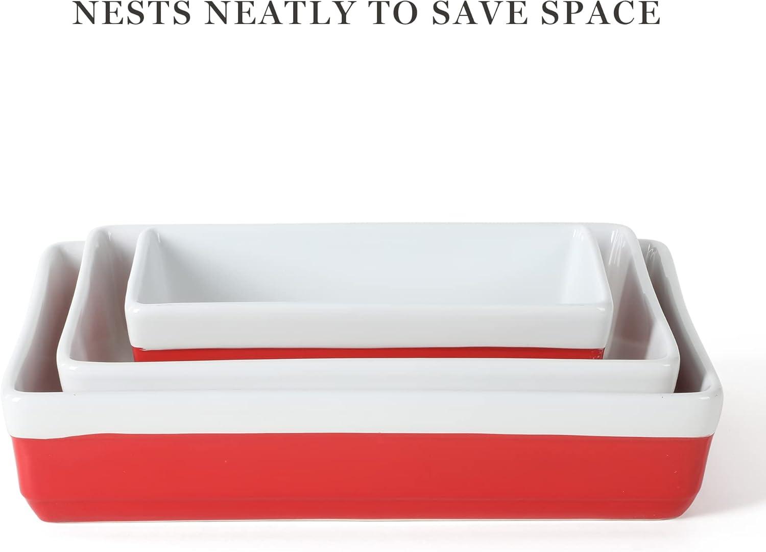 imageMARTHA STEWART 3Piece Oven to Table Stoneware Bakeware Set Baking Dish amp Casserole Set Red Durable OvenSafe Bakeware for Baking and ServingRed