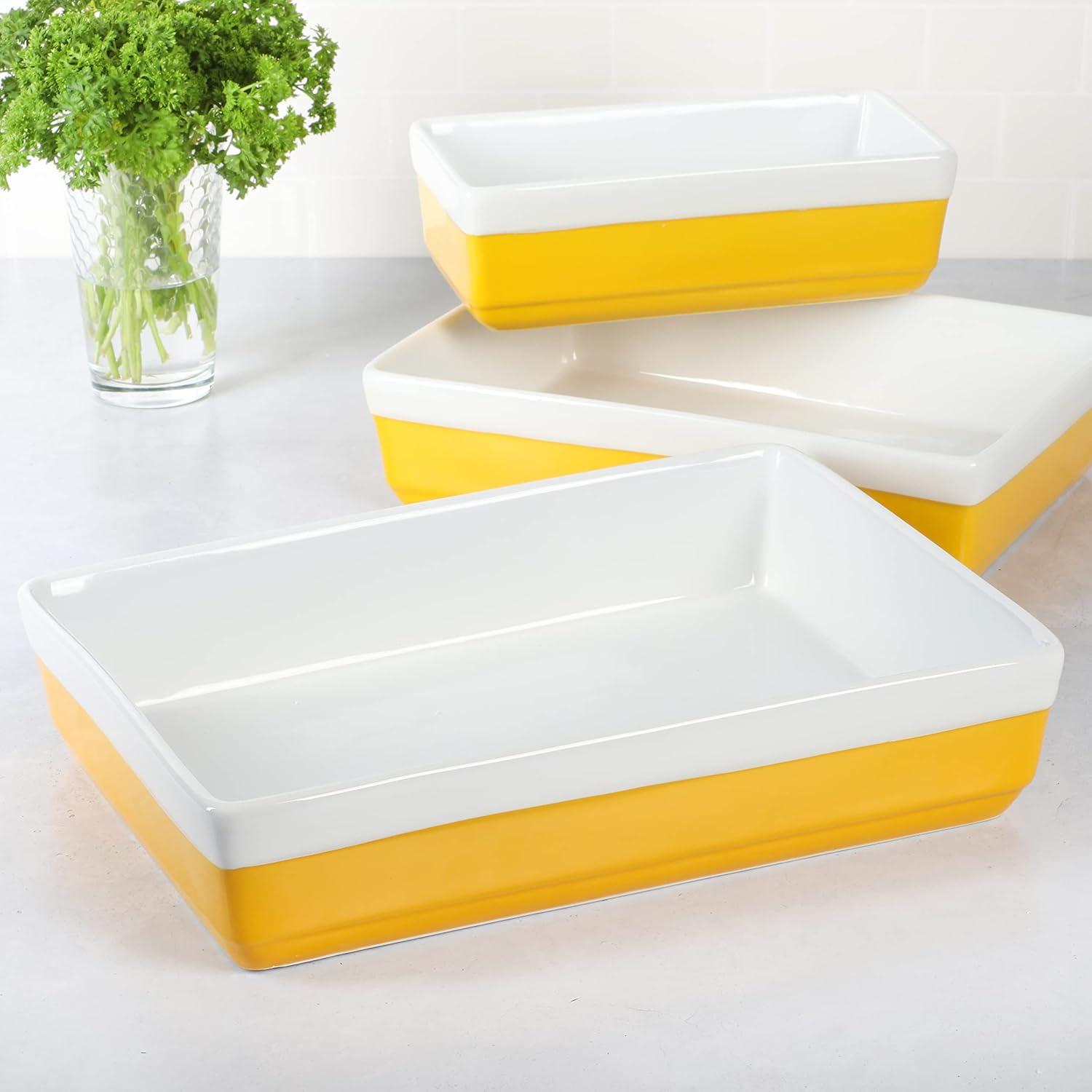 imageMARTHA STEWART 3Piece Oven to Table Stoneware Bakeware Set Baking Dish amp Casserole Set Red Durable OvenSafe Bakeware for Baking and ServingYellow