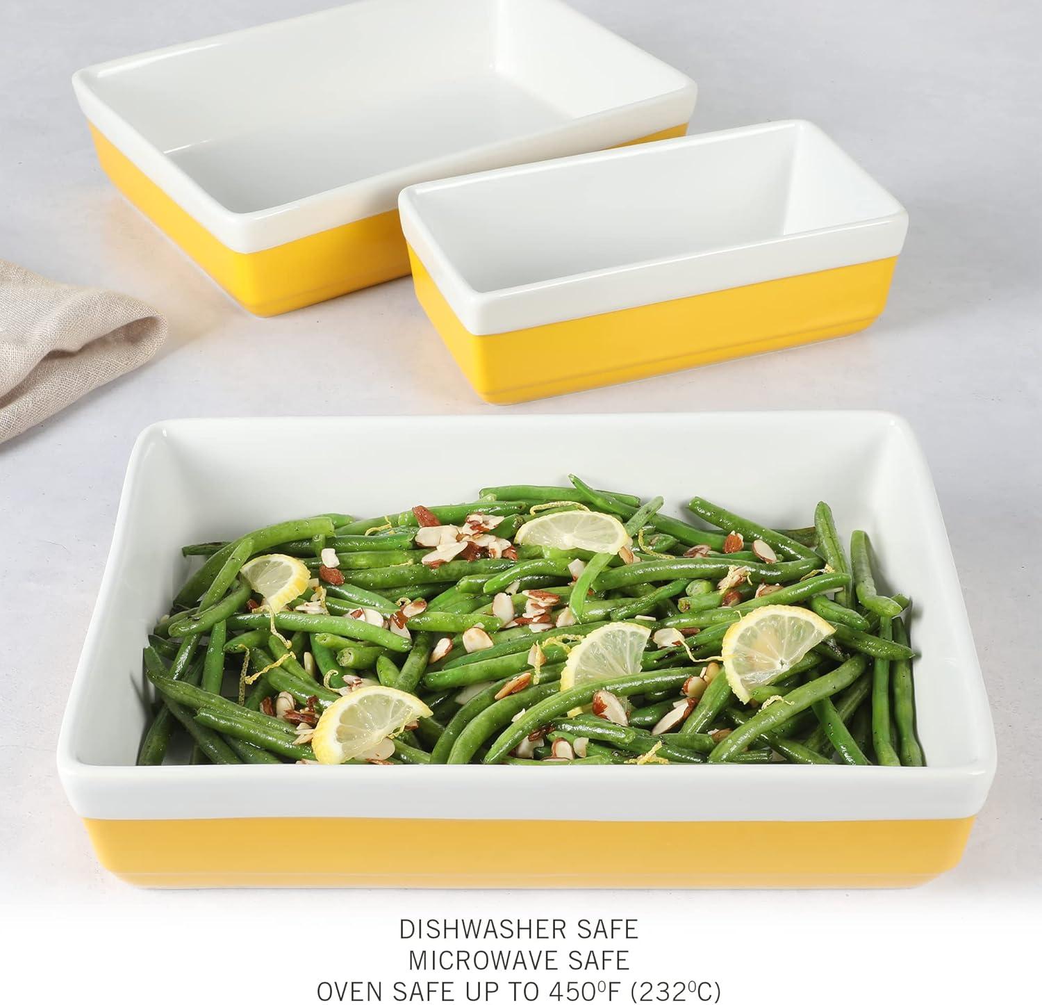 imageMARTHA STEWART 3Piece Oven to Table Stoneware Bakeware Set Baking Dish amp Casserole Set Red Durable OvenSafe Bakeware for Baking and ServingYellow
