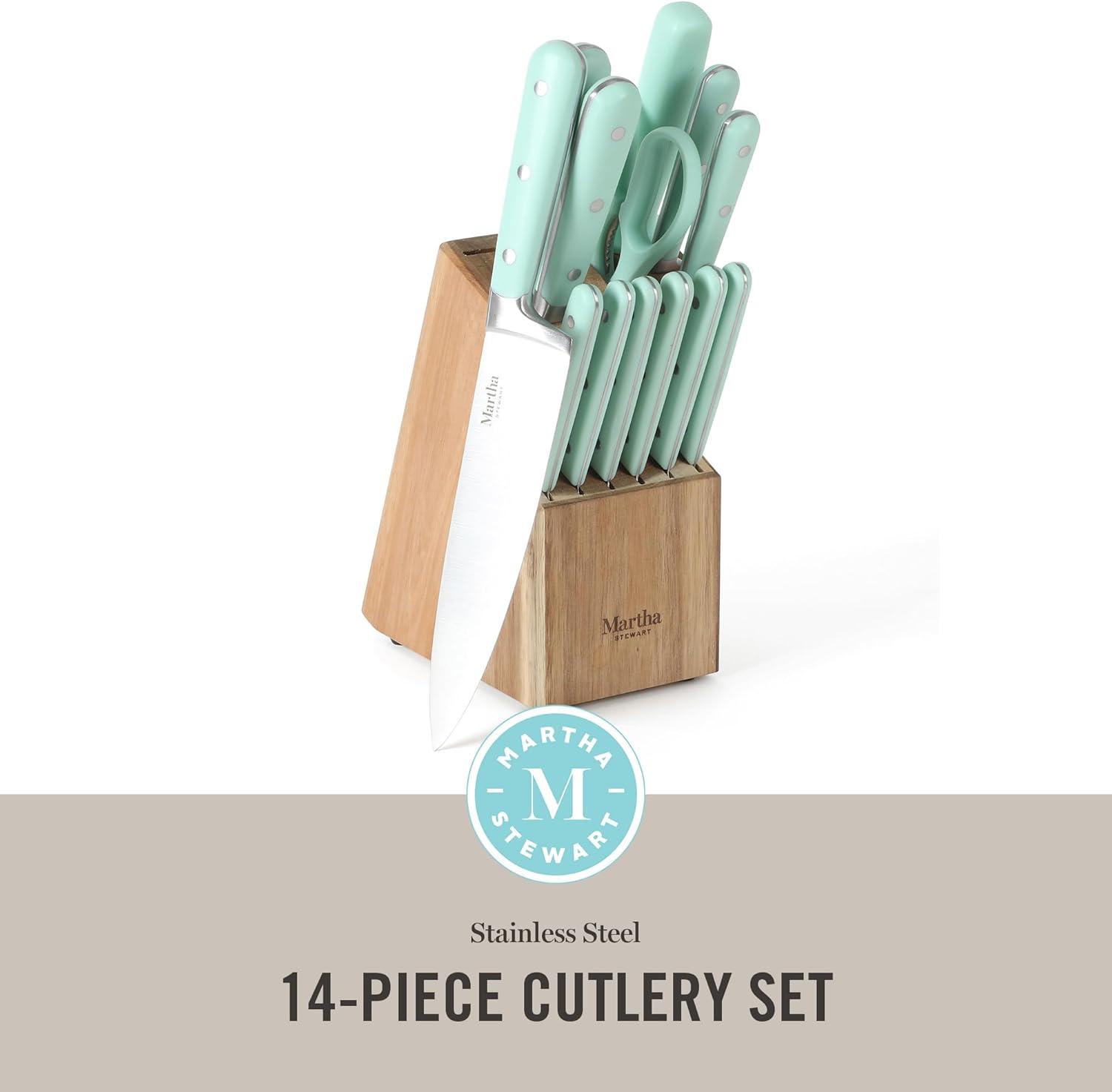 imageMARTHA STEWART Eastwalk 14 Piece High Carbon Stainless Steel Cutlery Kitchen Knife Block Set wABS Triple Riveted Forged Handle Acacia Wood Block Linen WhiteMartha Blue