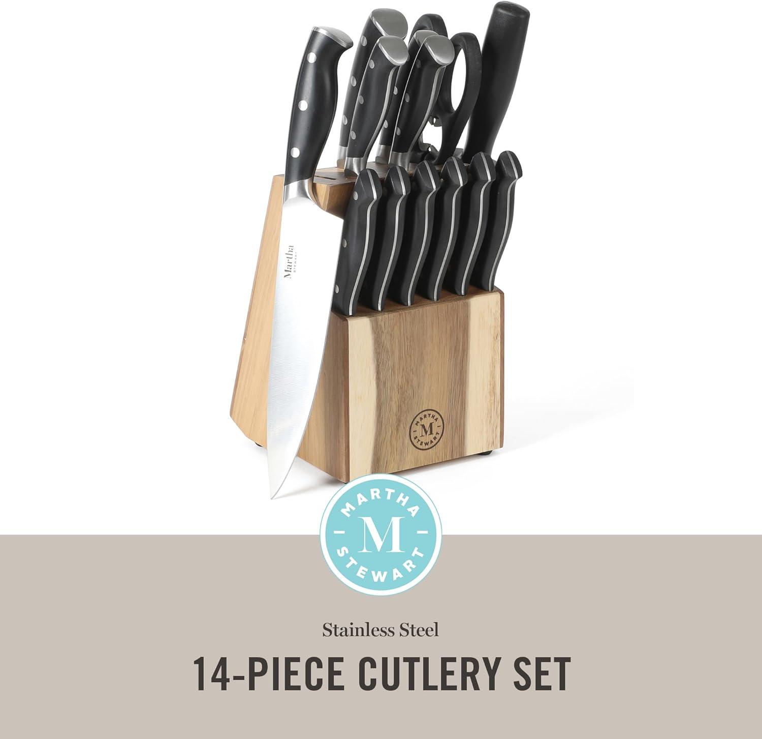 imageMARTHA STEWART Eastwalk 14 Piece High Carbon Stainless Steel Cutlery Kitchen Knife Block Set wABS Triple Riveted Forged Handle Acacia Wood Block Linen WhiteBlack