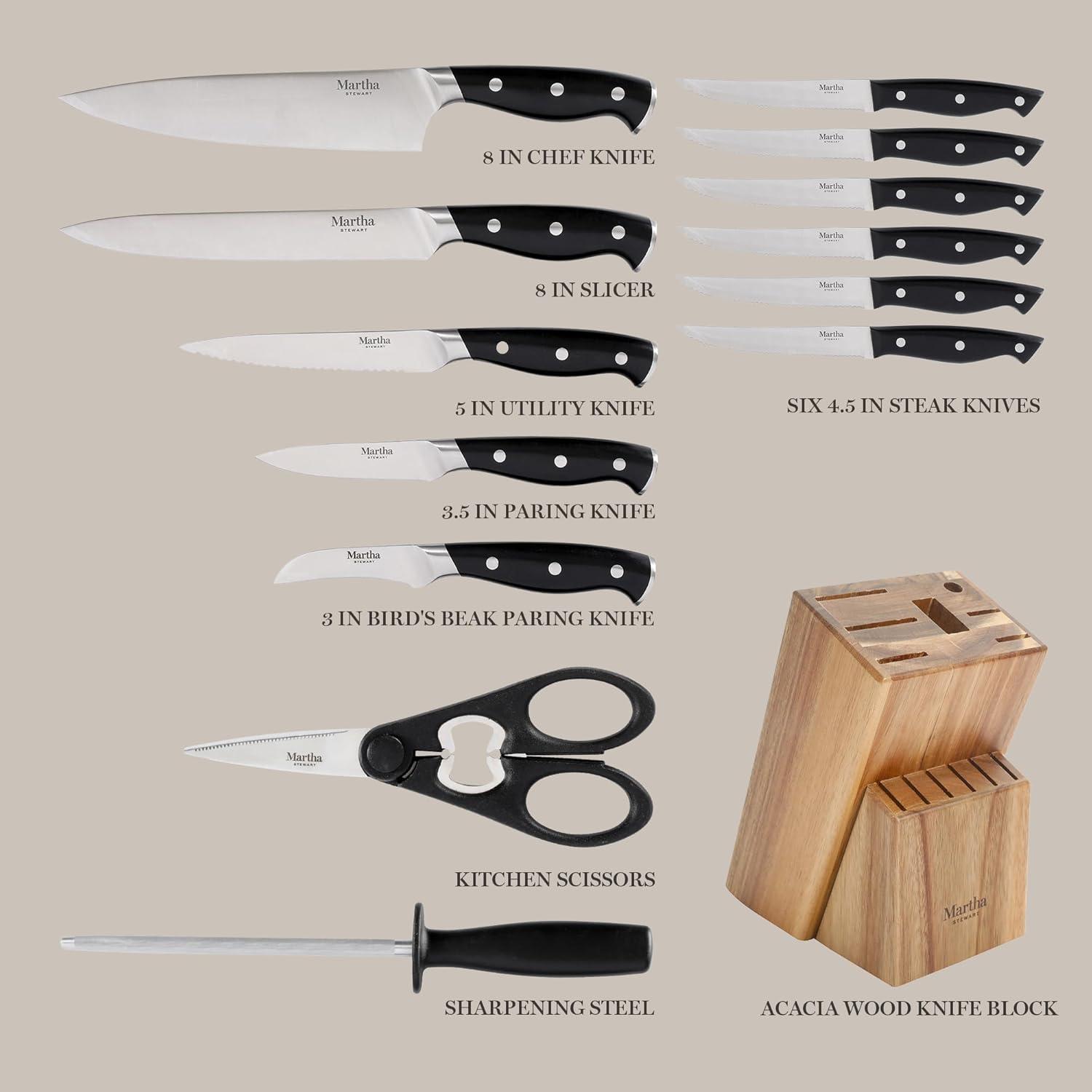 imageMARTHA STEWART Eastwalk 14 Piece High Carbon Stainless Steel Cutlery Kitchen Knife Block Set wABS Triple Riveted Forged Handle Acacia Wood Block Linen WhiteBlack