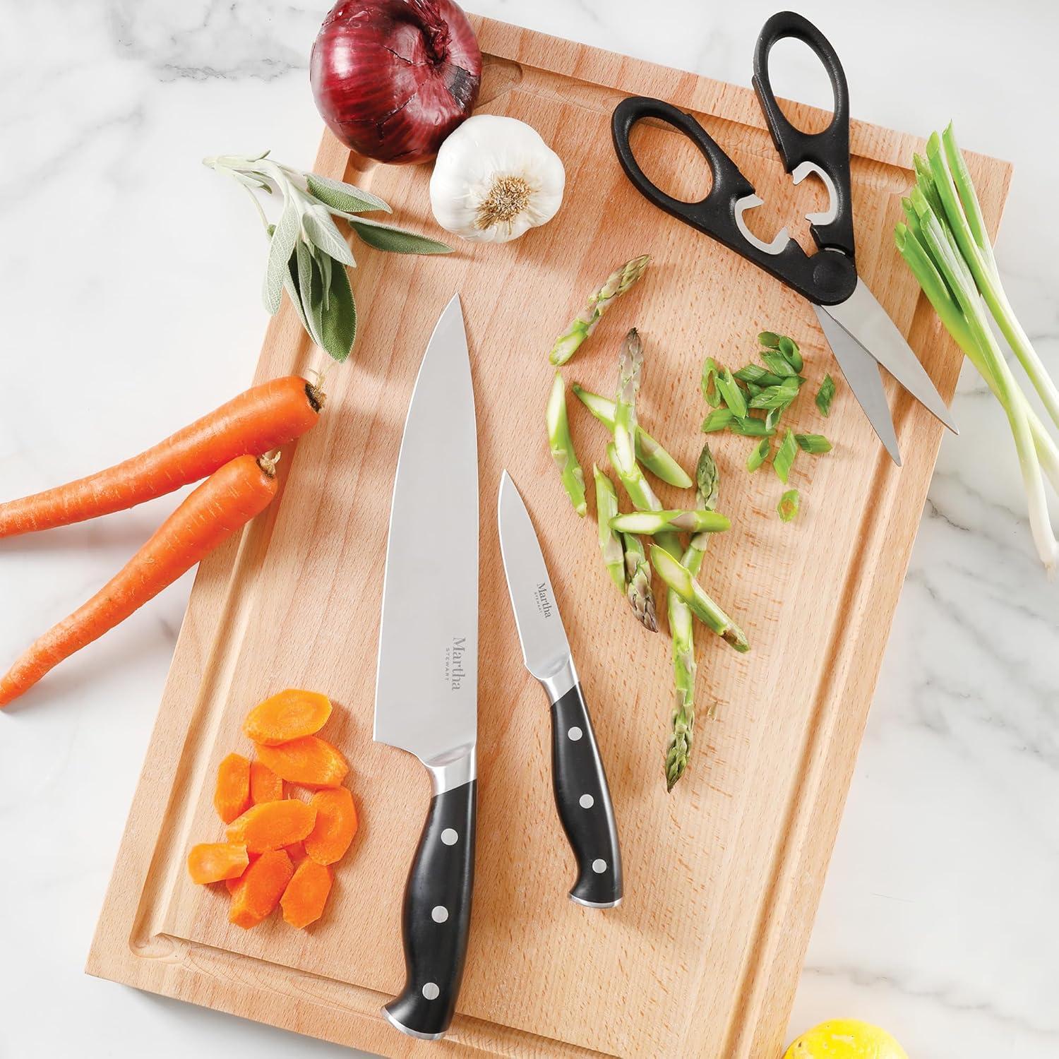 imageMARTHA STEWART Eastwalk 14 Piece High Carbon Stainless Steel Cutlery Kitchen Knife Block Set wABS Triple Riveted Forged Handle Acacia Wood Block Linen WhiteBlack