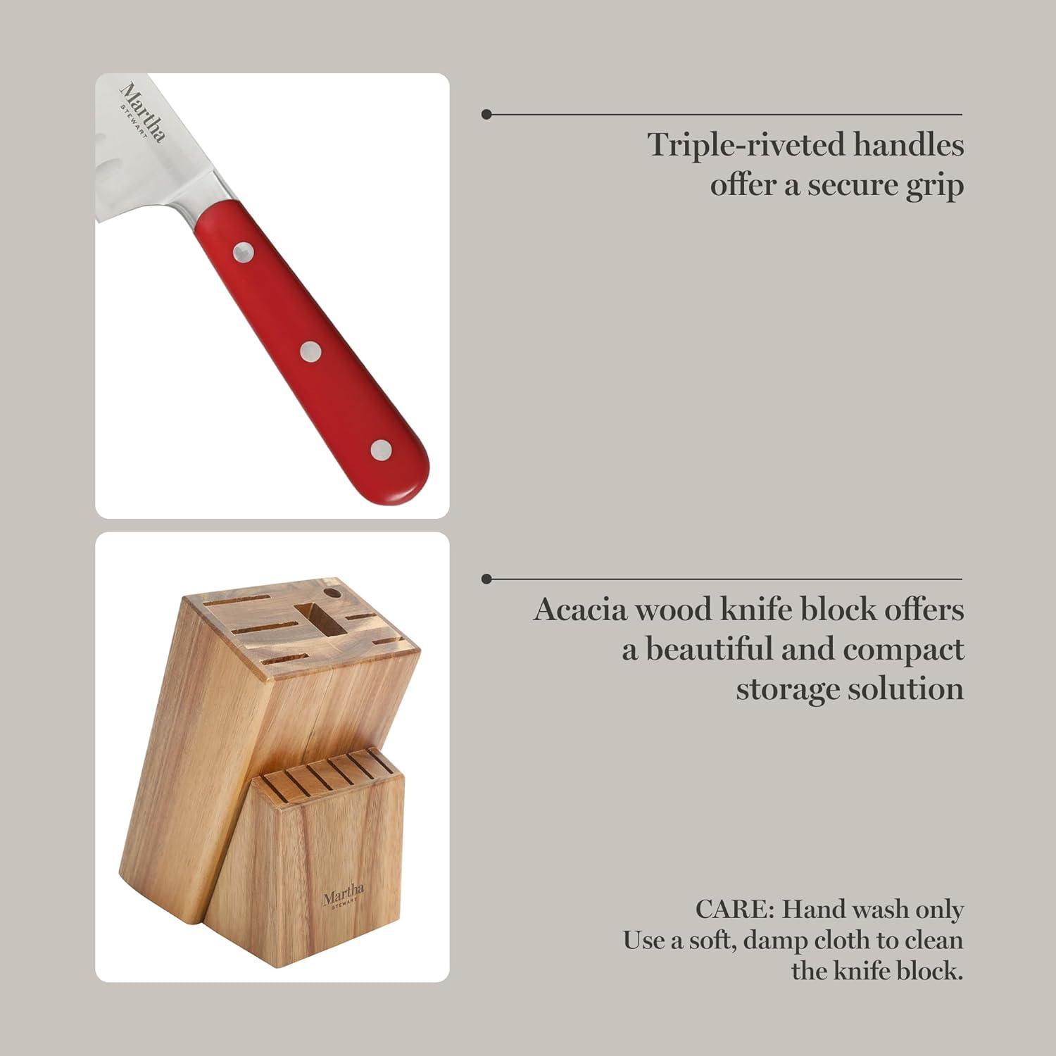 imageMARTHA STEWART Eastwalk 14 Piece High Carbon Stainless Steel Cutlery Kitchen Knife Block Set wABS Triple Riveted Forged Handle Acacia Wood Block Linen WhiteRed