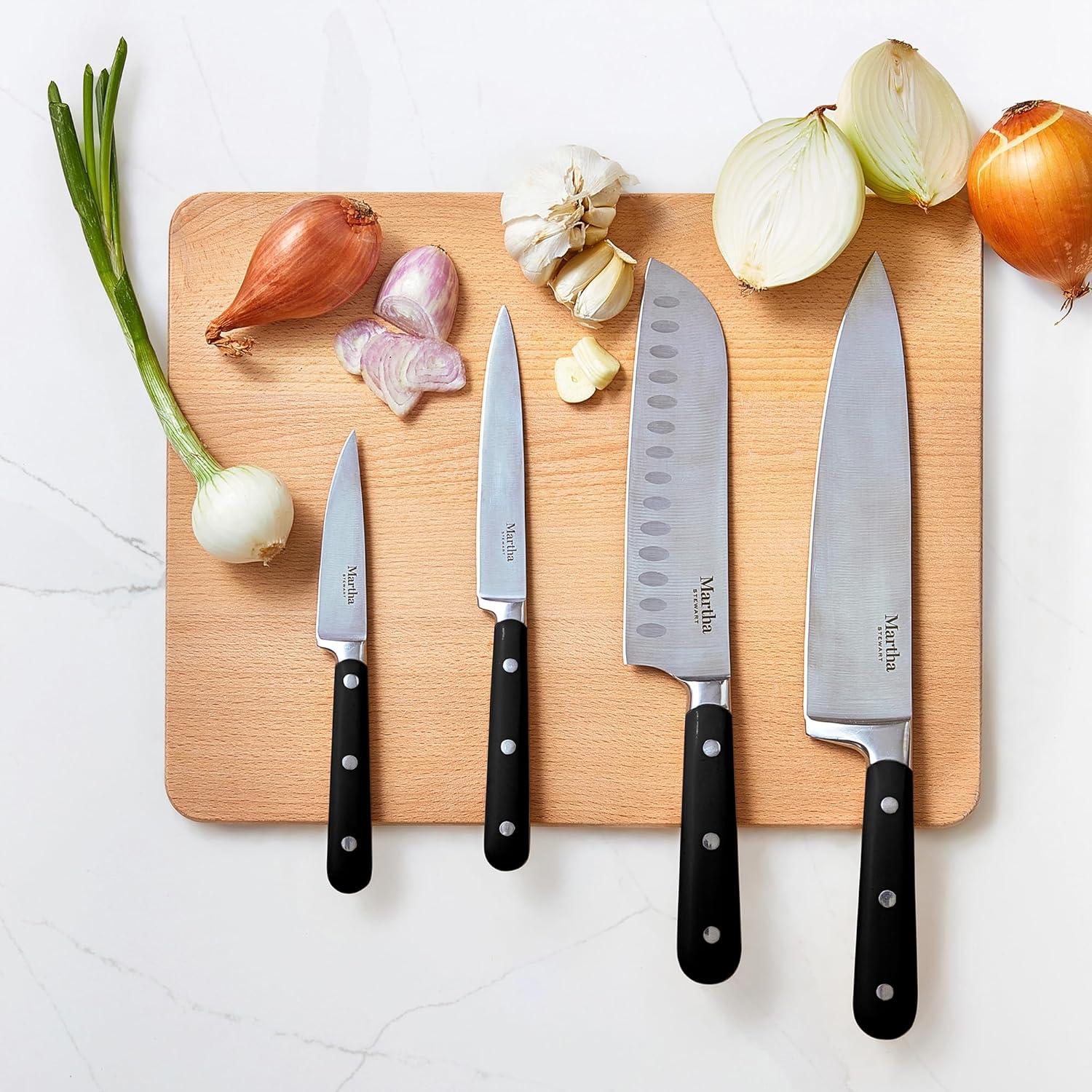 imageMARTHA STEWART Eastwalk 14 Piece High Carbon Stainless Steel Cutlery Kitchen Knife Block Set wABS Triple Riveted Forged Handle Acacia Wood Block Linen WhiteMatte Black