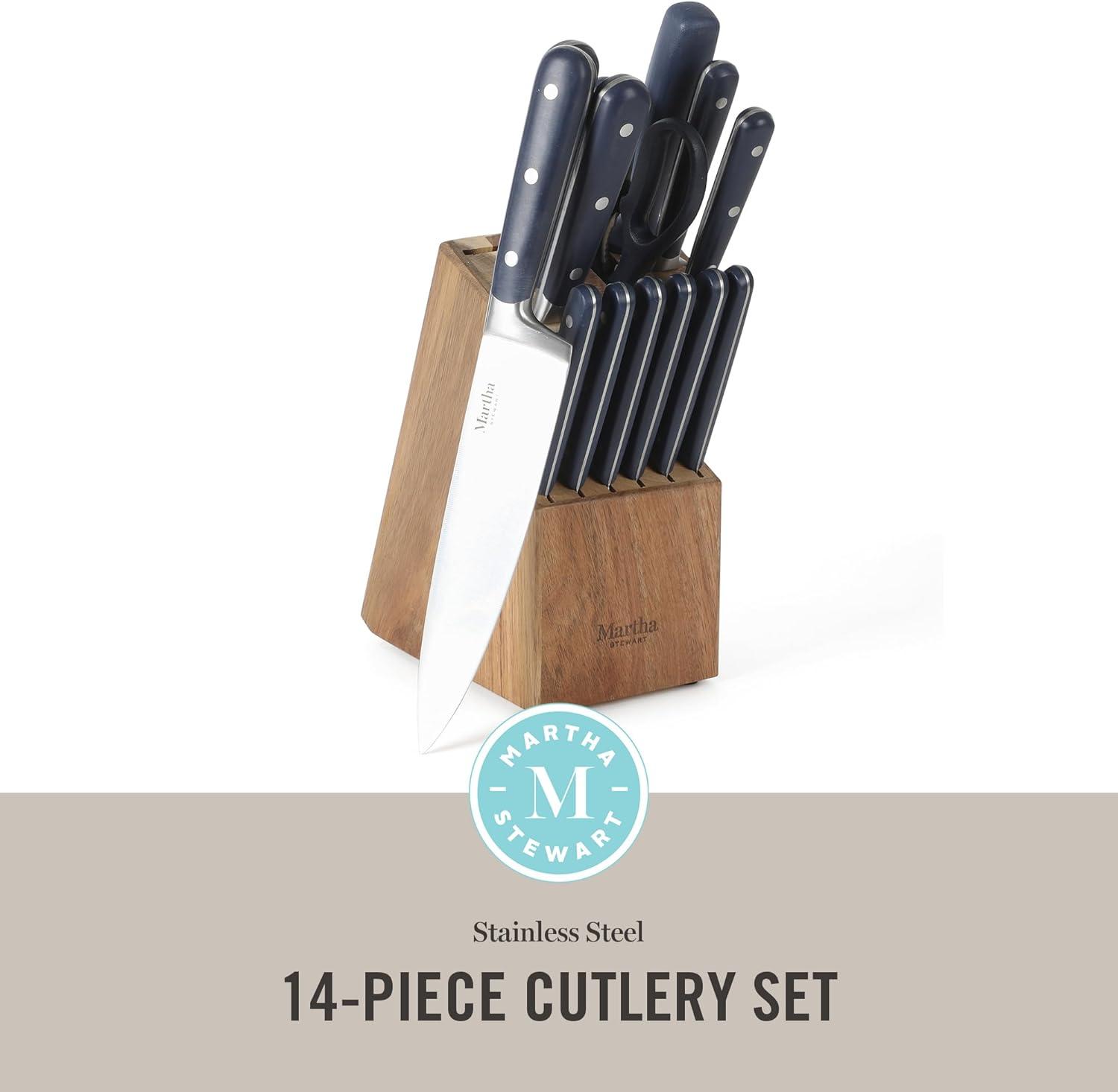 imageMARTHA STEWART Eastwalk 14 Piece High Carbon Stainless Steel Cutlery Kitchen Knife Block Set wABS Triple Riveted Forged Handle Acacia Wood Block Linen WhiteNavy Blue