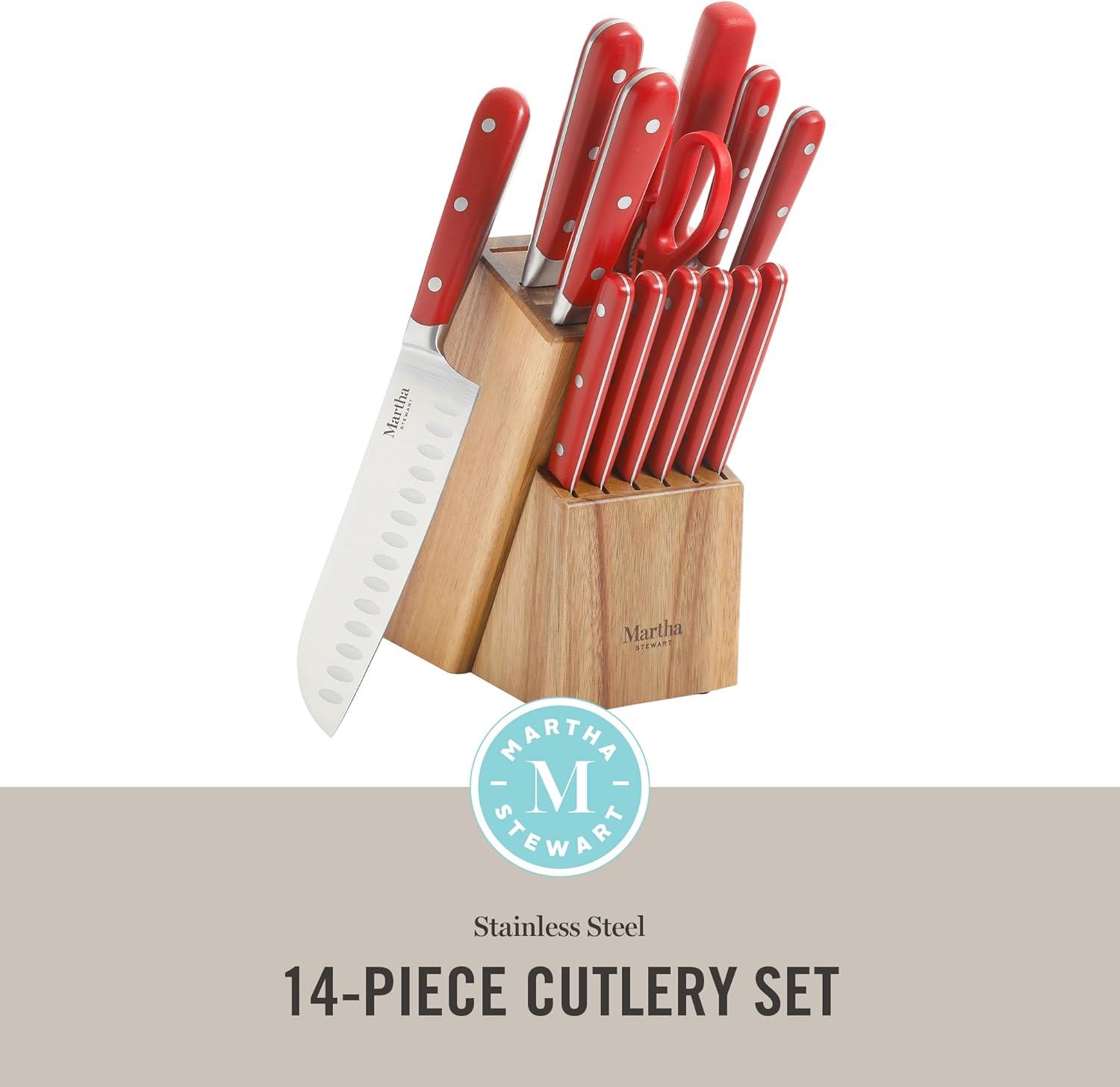 imageMARTHA STEWART Eastwalk 14 Piece High Carbon Stainless Steel Cutlery Kitchen Knife Block Set wABS Triple Riveted Forged Handle Acacia Wood Block Linen WhiteRed