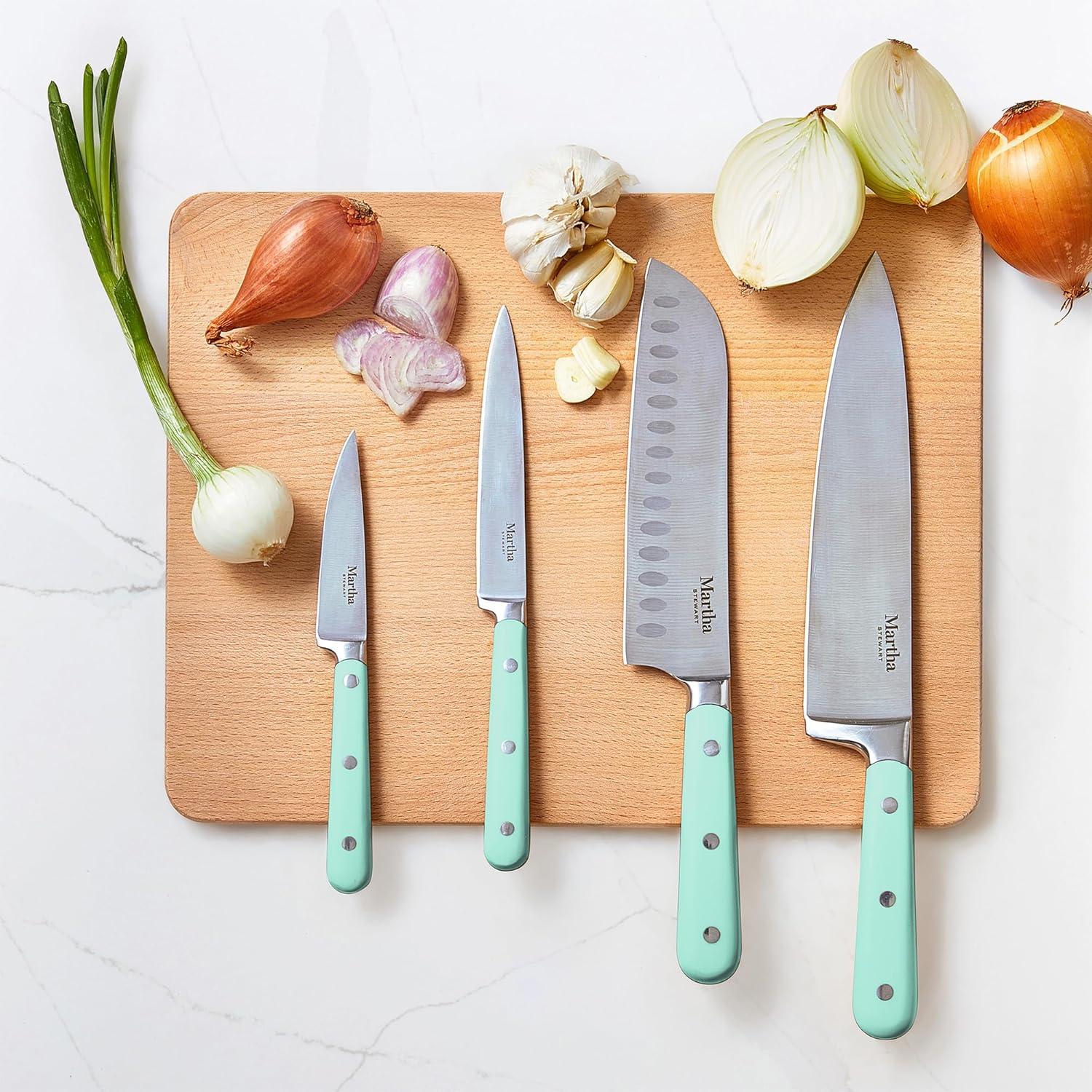 imageMARTHA STEWART Eastwalk 14 Piece High Carbon Stainless Steel Cutlery Kitchen Knife Block Set wABS Triple Riveted Forged Handle Acacia Wood Block Linen WhiteMartha Blue