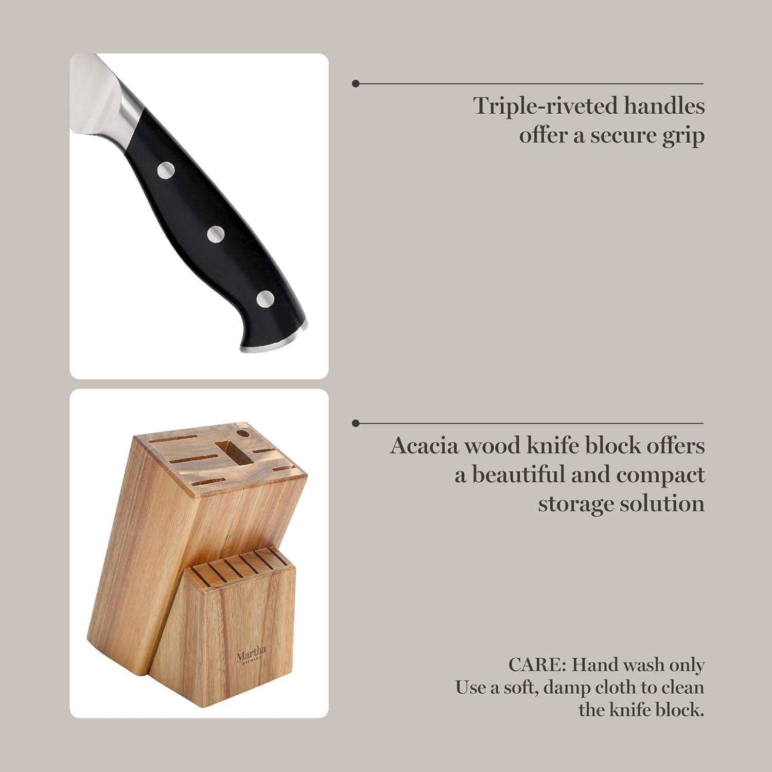 imageMARTHA STEWART Eastwalk 14 Piece High Carbon Stainless Steel Cutlery Kitchen Knife Block Set wABS Triple Riveted Forged Handle Acacia Wood Block Linen WhiteBlack