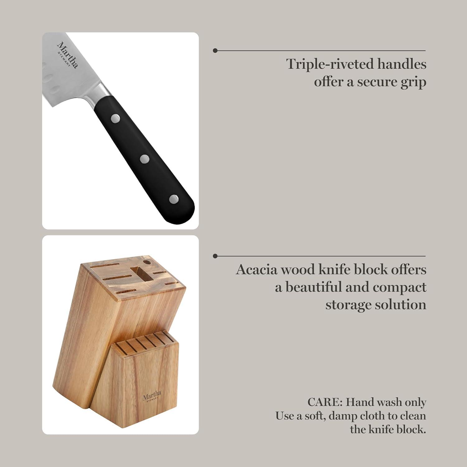 imageMARTHA STEWART Eastwalk 14 Piece High Carbon Stainless Steel Cutlery Kitchen Knife Block Set wABS Triple Riveted Forged Handle Acacia Wood Block Linen WhiteMatte Black