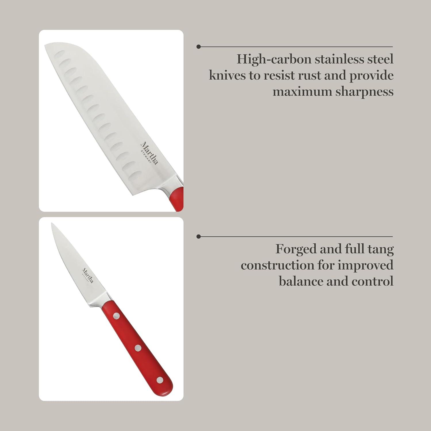 imageMARTHA STEWART Eastwalk 14 Piece High Carbon Stainless Steel Cutlery Kitchen Knife Block Set wABS Triple Riveted Forged Handle Acacia Wood Block Linen WhiteRed