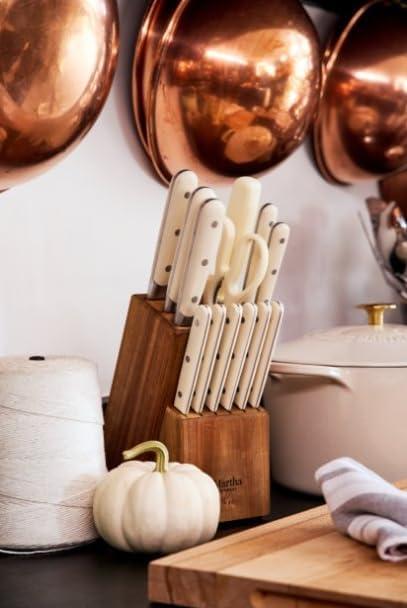 imageMARTHA STEWART Eastwalk 14 Piece High Carbon Stainless Steel Cutlery Kitchen Knife Block Set wABS Triple Riveted Forged Handle Acacia Wood Block Linen WhiteLinen