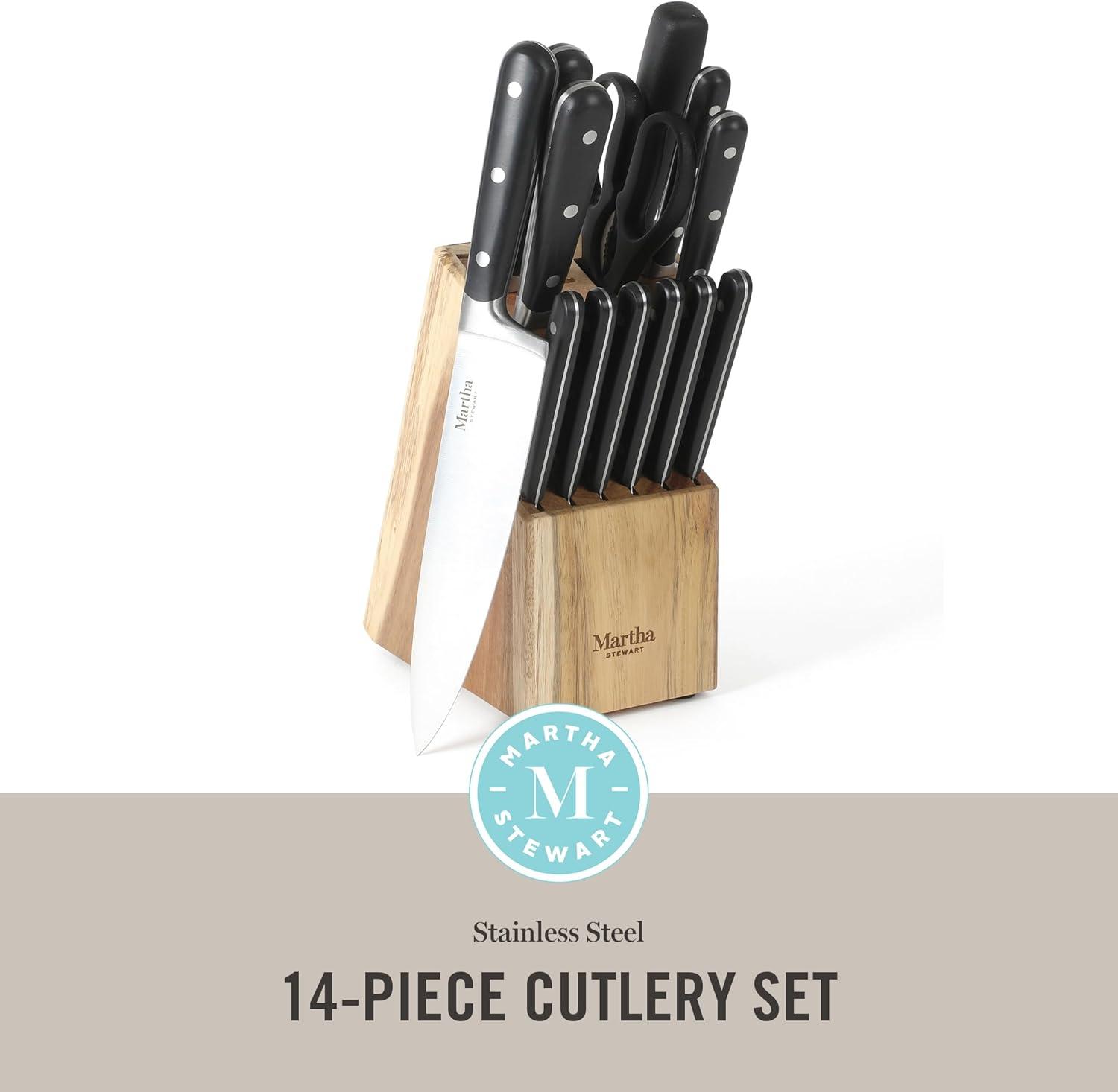 imageMARTHA STEWART Eastwalk 14 Piece High Carbon Stainless Steel Cutlery Kitchen Knife Block Set wABS Triple Riveted Forged Handle Acacia Wood Block Linen WhiteMatte Black