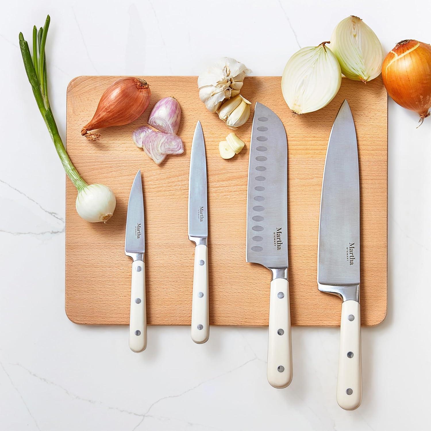 imageMARTHA STEWART Eastwalk 14 Piece High Carbon Stainless Steel Cutlery Kitchen Knife Block Set wABS Triple Riveted Forged Handle Acacia Wood Block Linen WhiteLinen