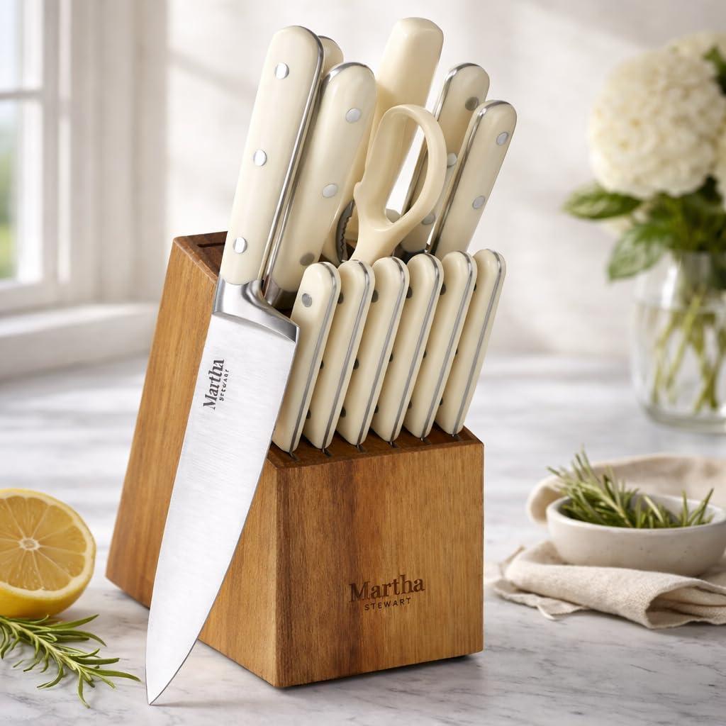 imageMARTHA STEWART Eastwalk 14 Piece High Carbon Stainless Steel Cutlery Kitchen Knife Block Set wABS Triple Riveted Forged Handle Acacia Wood Block Linen WhiteLinen