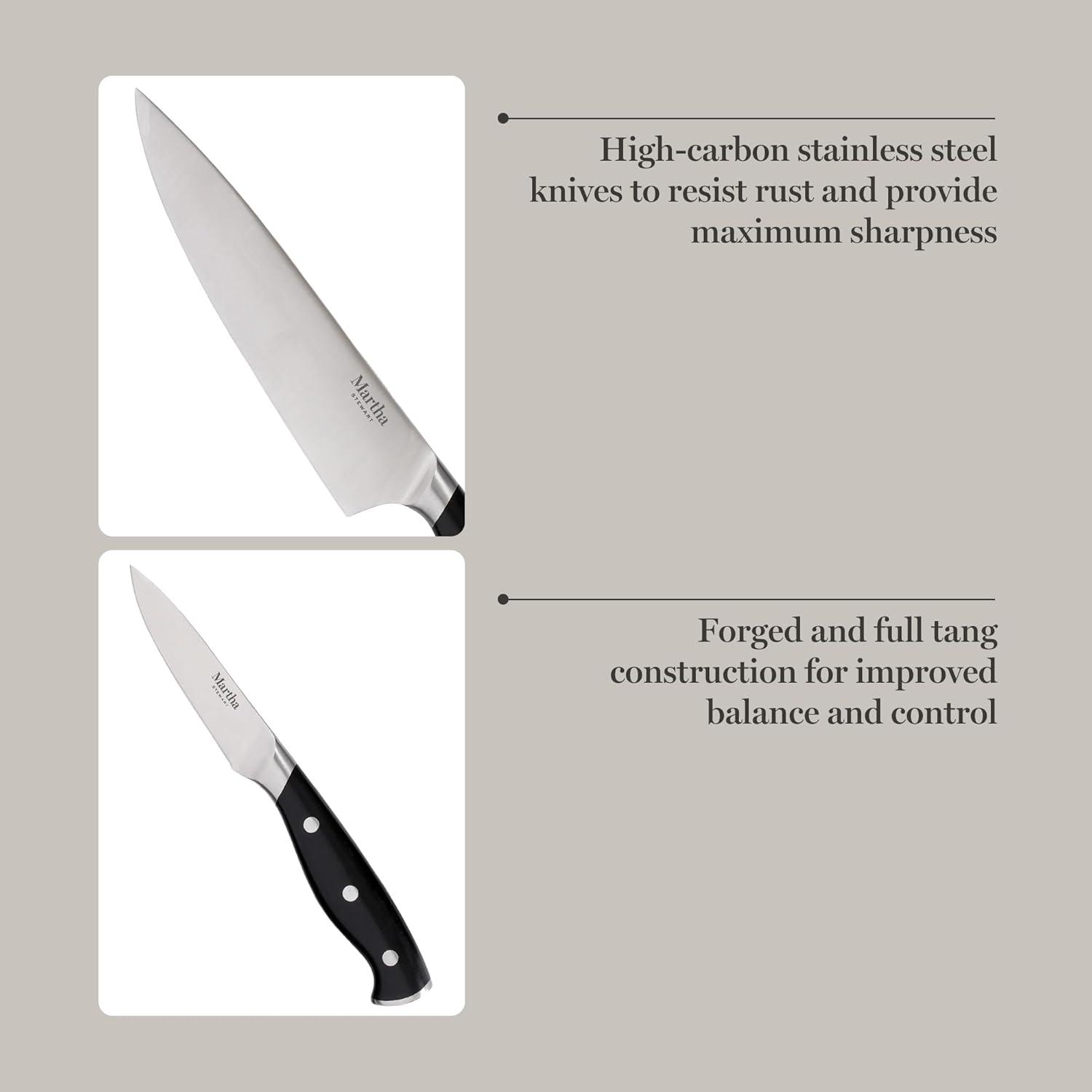 imageMARTHA STEWART Eastwalk 14 Piece High Carbon Stainless Steel Cutlery Kitchen Knife Block Set wABS Triple Riveted Forged Handle Acacia Wood Block Linen WhiteBlack