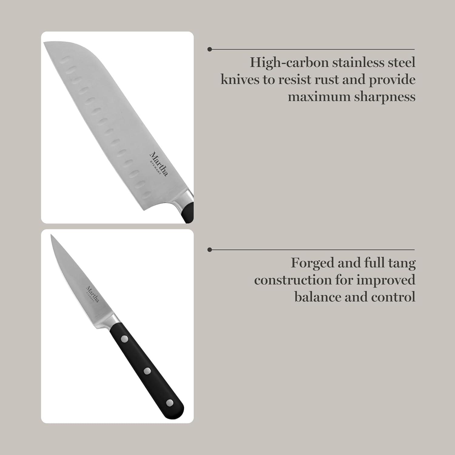 imageMARTHA STEWART Eastwalk 14 Piece High Carbon Stainless Steel Cutlery Kitchen Knife Block Set wABS Triple Riveted Forged Handle Acacia Wood Block Linen WhiteMatte Black