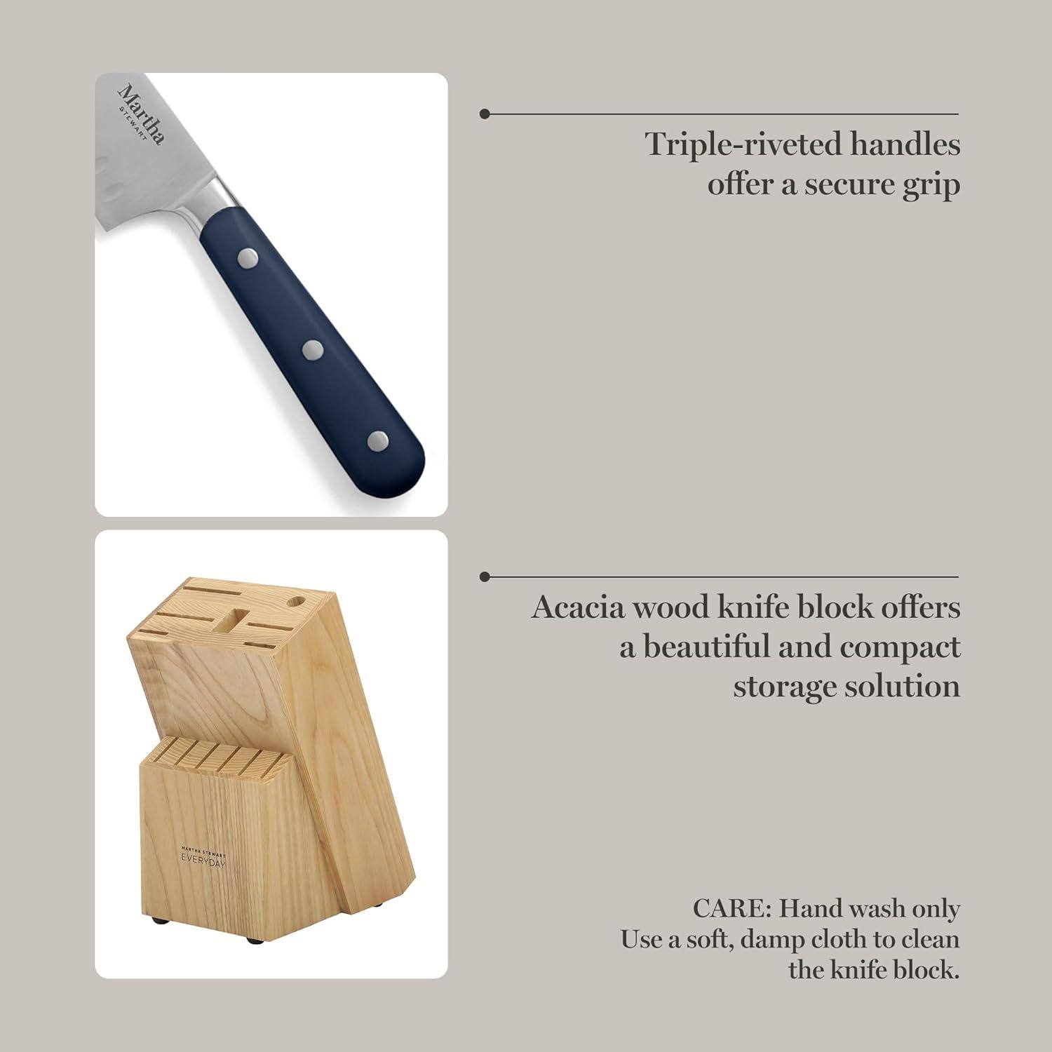imageMARTHA STEWART Eastwalk 14 Piece High Carbon Stainless Steel Cutlery Kitchen Knife Block Set wABS Triple Riveted Forged Handle Acacia Wood Block Linen WhiteNavy Blue