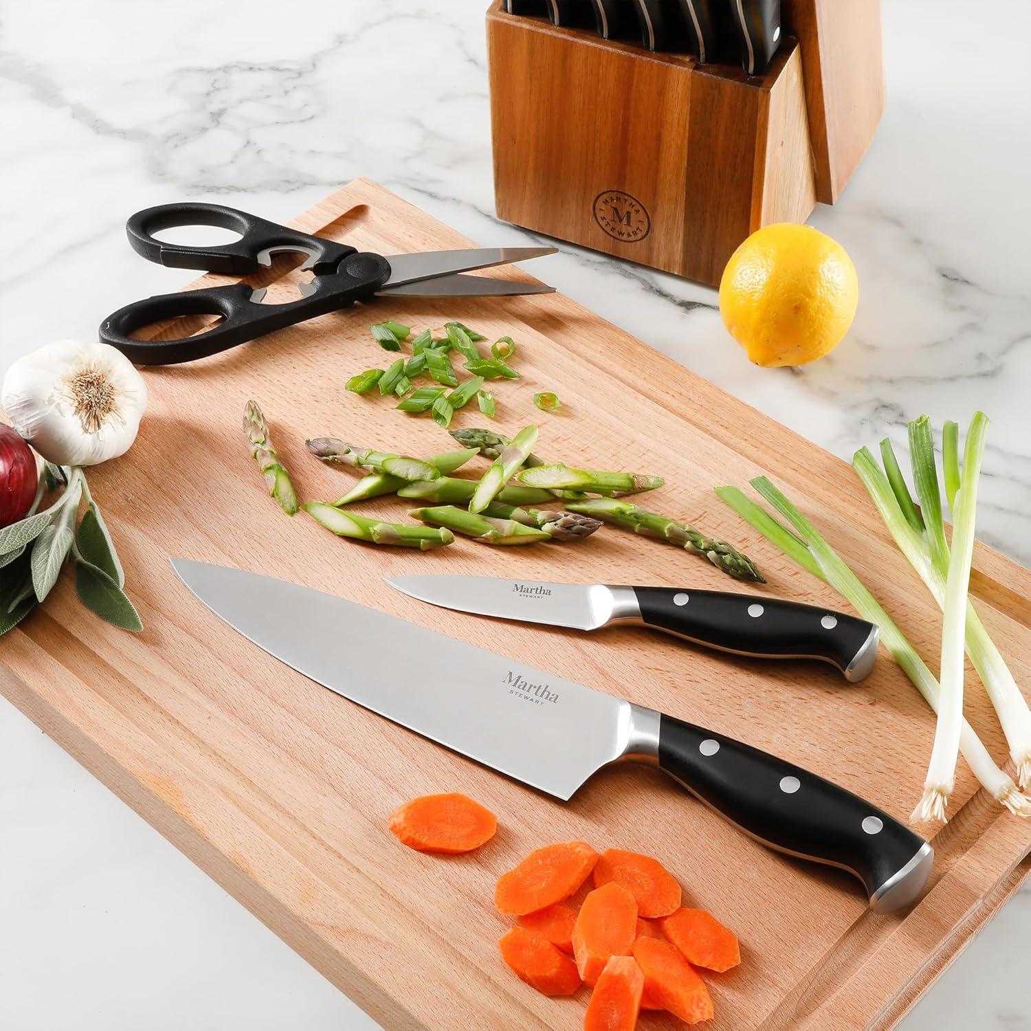 imageMARTHA STEWART Eastwalk 14 Piece High Carbon Stainless Steel Cutlery Kitchen Knife Block Set wABS Triple Riveted Forged Handle Acacia Wood Block Linen WhiteBlack
