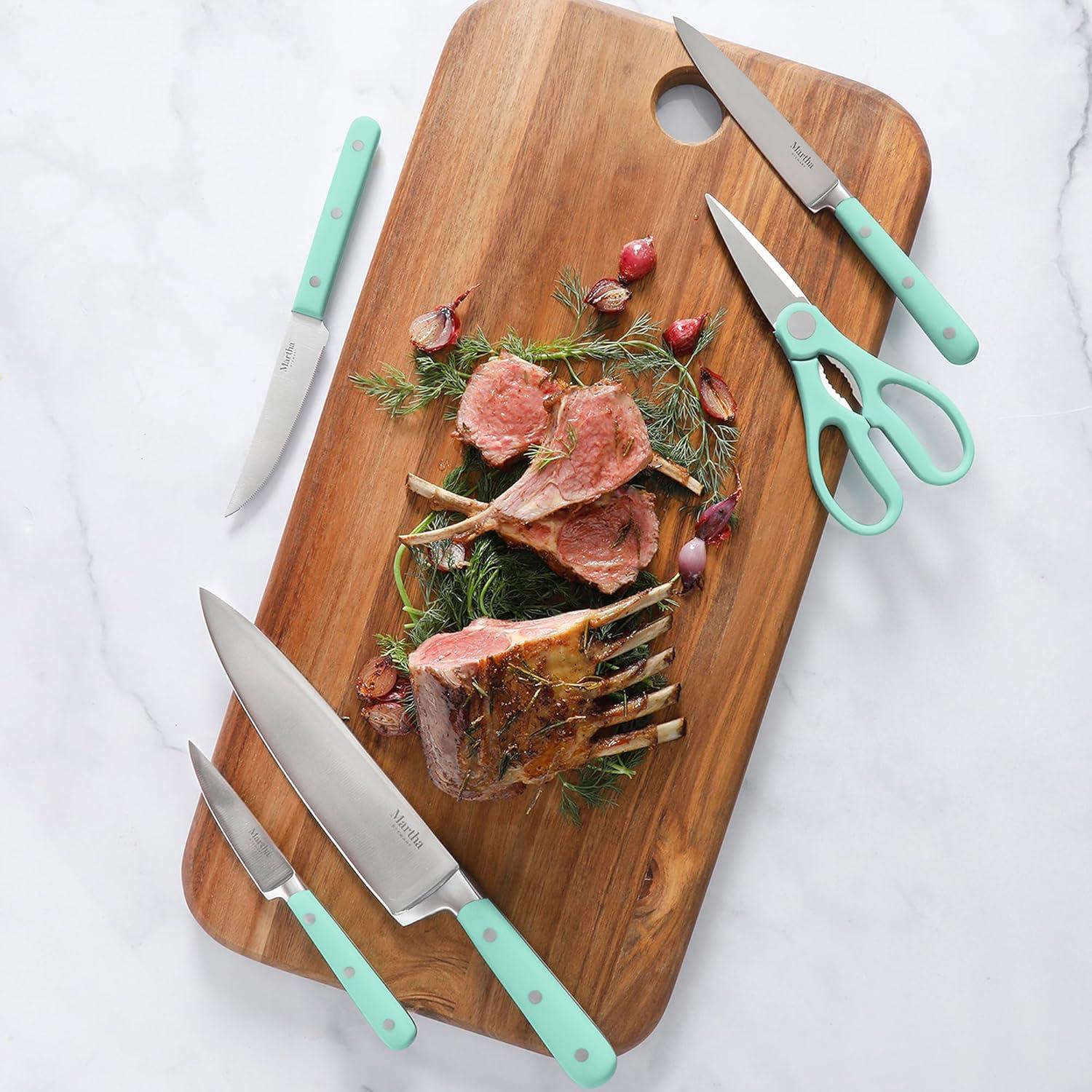 imageMARTHA STEWART Eastwalk 14 Piece High Carbon Stainless Steel Cutlery Kitchen Knife Block Set wABS Triple Riveted Forged Handle Acacia Wood Block Linen WhiteMartha Blue