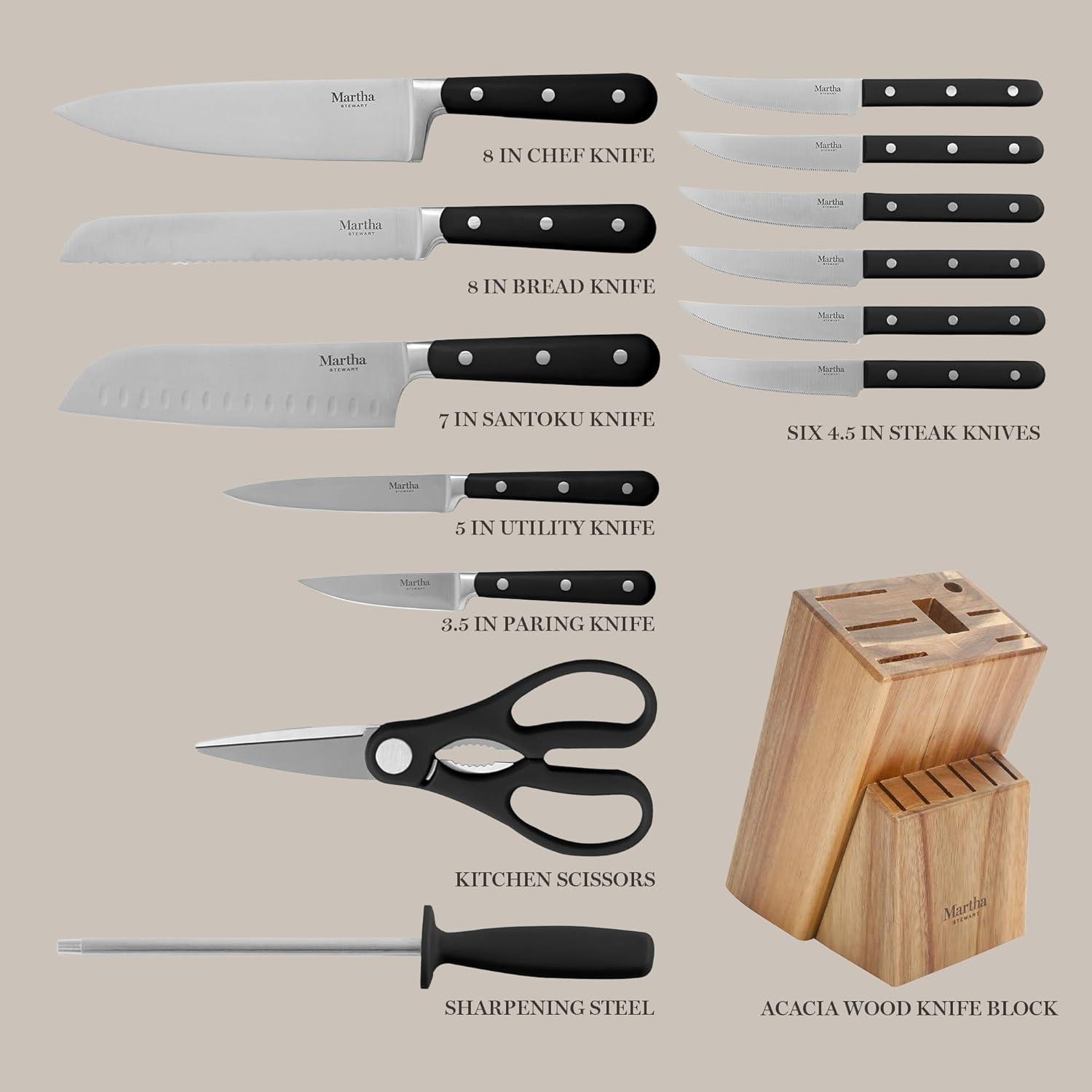 imageMARTHA STEWART Eastwalk 14 Piece High Carbon Stainless Steel Cutlery Kitchen Knife Block Set wABS Triple Riveted Forged Handle Acacia Wood Block Linen WhiteMatte Black