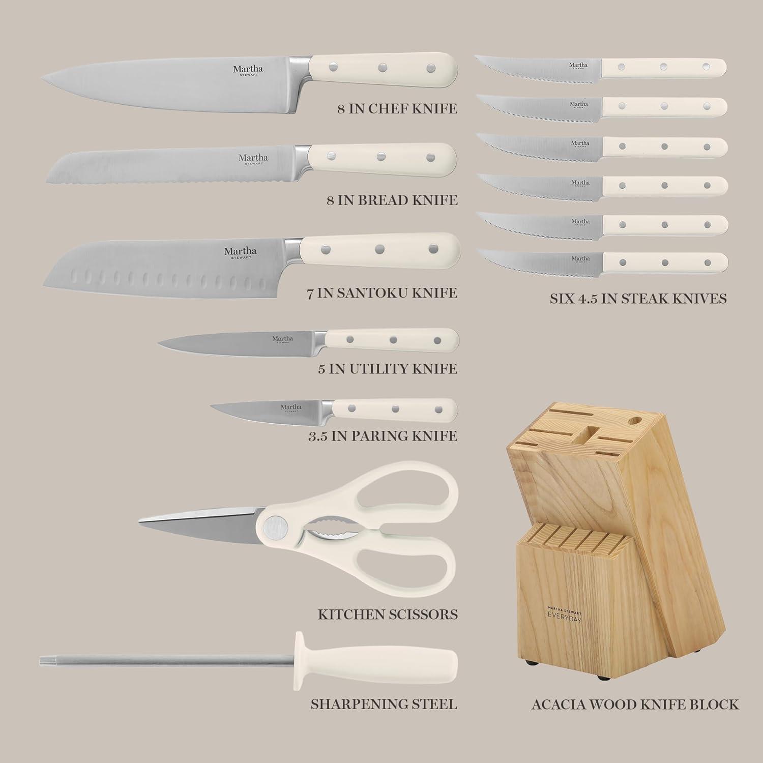 imageMARTHA STEWART Eastwalk 14 Piece High Carbon Stainless Steel Cutlery Kitchen Knife Block Set wABS Triple Riveted Forged Handle Acacia Wood Block Linen WhiteLinen