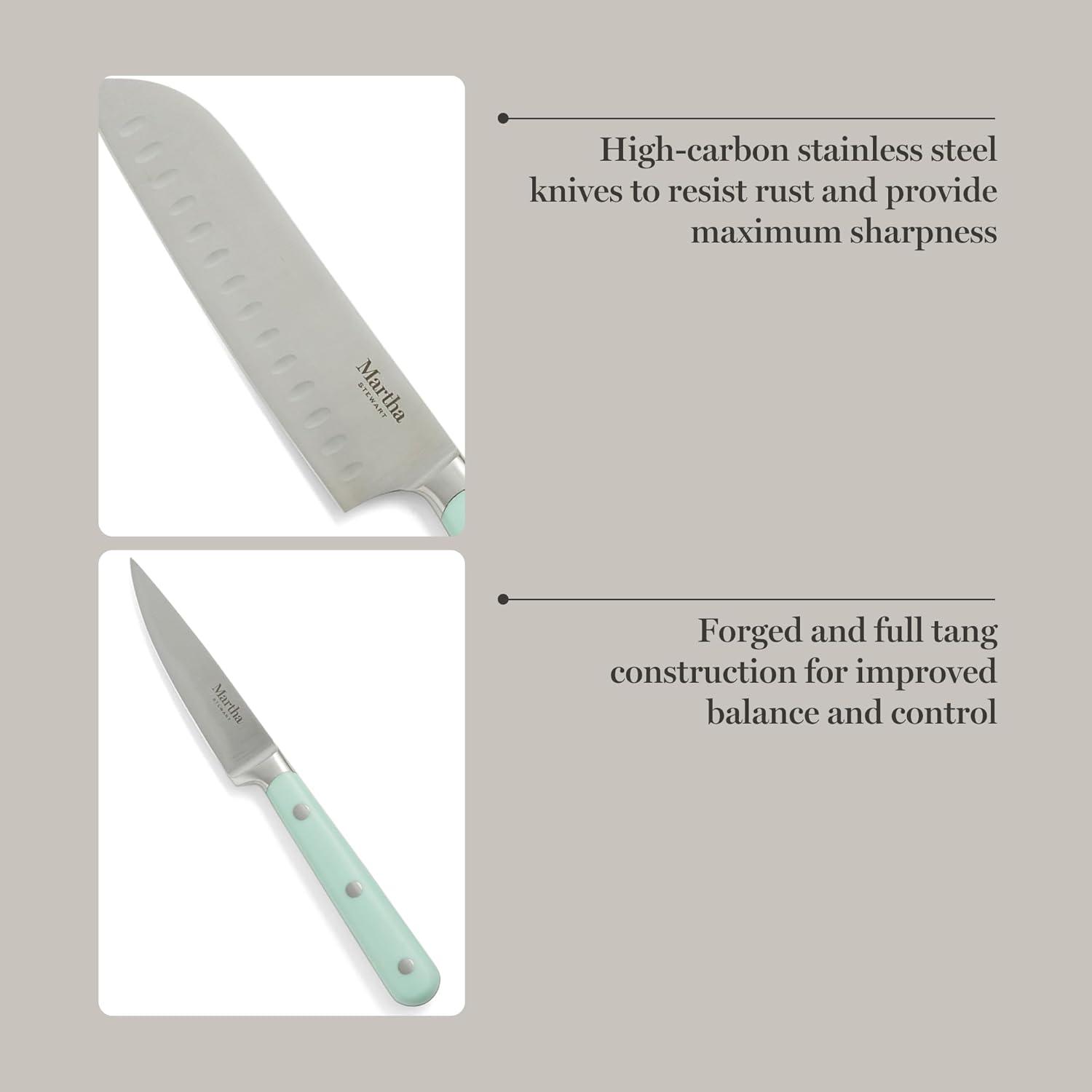 imageMARTHA STEWART Eastwalk 14 Piece High Carbon Stainless Steel Cutlery Kitchen Knife Block Set wABS Triple Riveted Forged Handle Acacia Wood Block Linen WhiteMartha Blue
