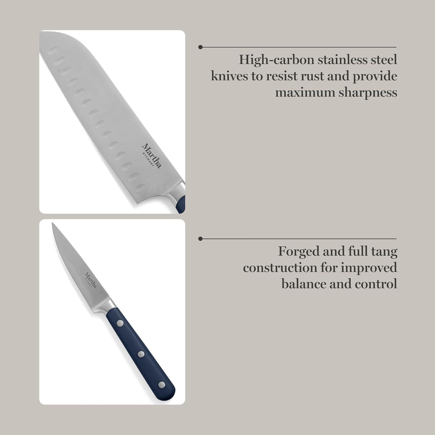 imageMARTHA STEWART Eastwalk 14 Piece High Carbon Stainless Steel Cutlery Kitchen Knife Block Set wABS Triple Riveted Forged Handle Acacia Wood Block Linen WhiteNavy Blue
