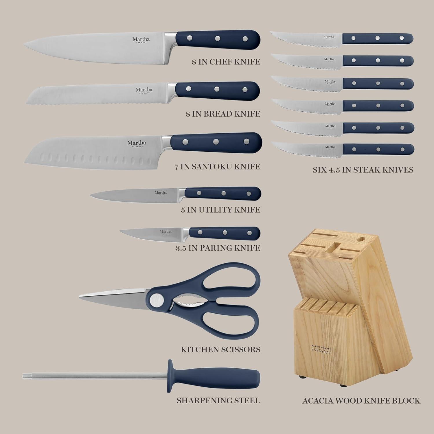 imageMARTHA STEWART Eastwalk 14 Piece High Carbon Stainless Steel Cutlery Kitchen Knife Block Set wABS Triple Riveted Forged Handle Acacia Wood Block Linen WhiteNavy Blue