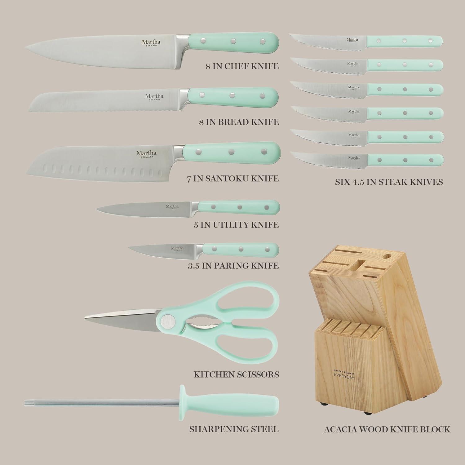 imageMARTHA STEWART Eastwalk 14 Piece High Carbon Stainless Steel Cutlery Kitchen Knife Block Set wABS Triple Riveted Forged Handle Acacia Wood Block Linen WhiteMartha Blue