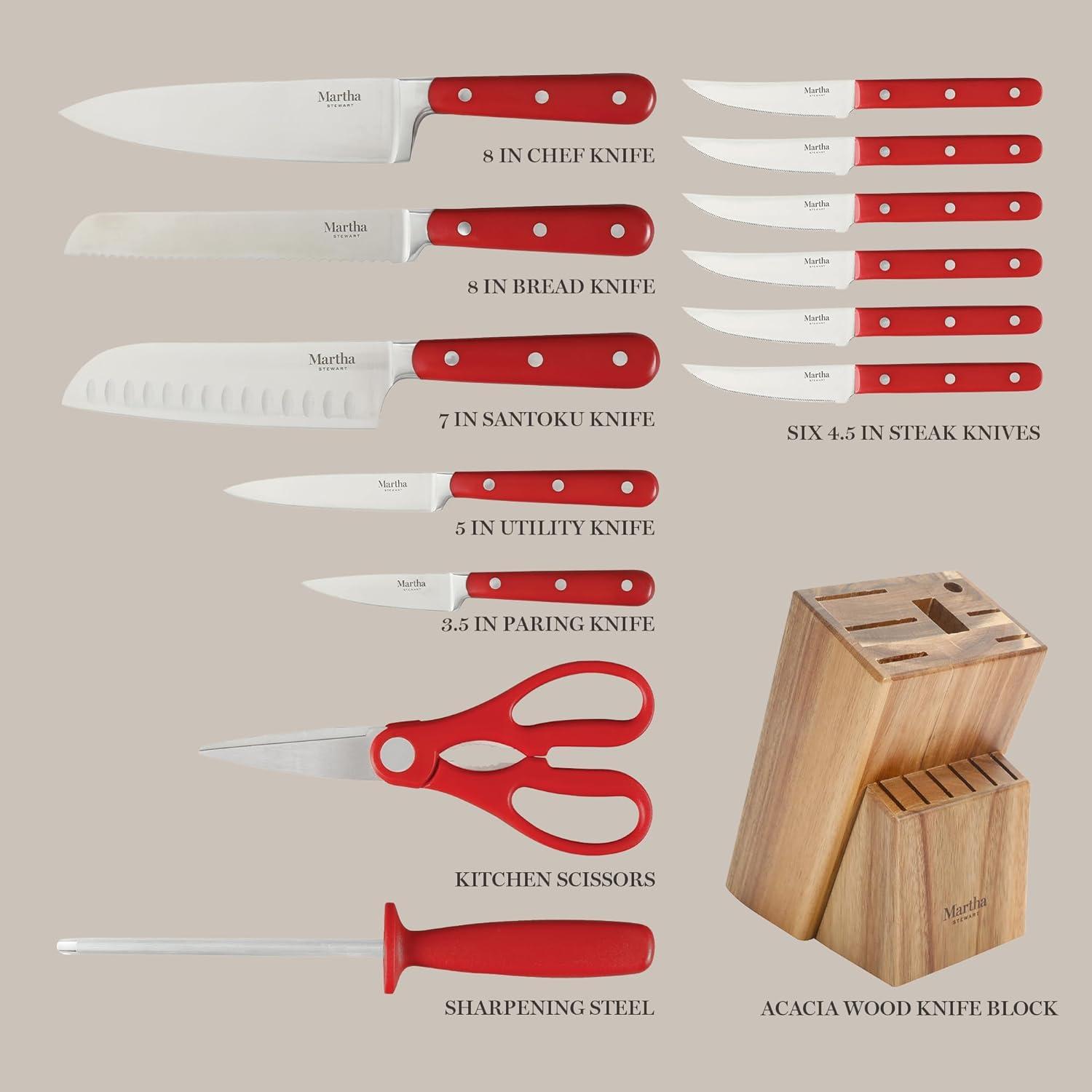 imageMARTHA STEWART Eastwalk 14 Piece High Carbon Stainless Steel Cutlery Kitchen Knife Block Set wABS Triple Riveted Forged Handle Acacia Wood Block Linen WhiteRed
