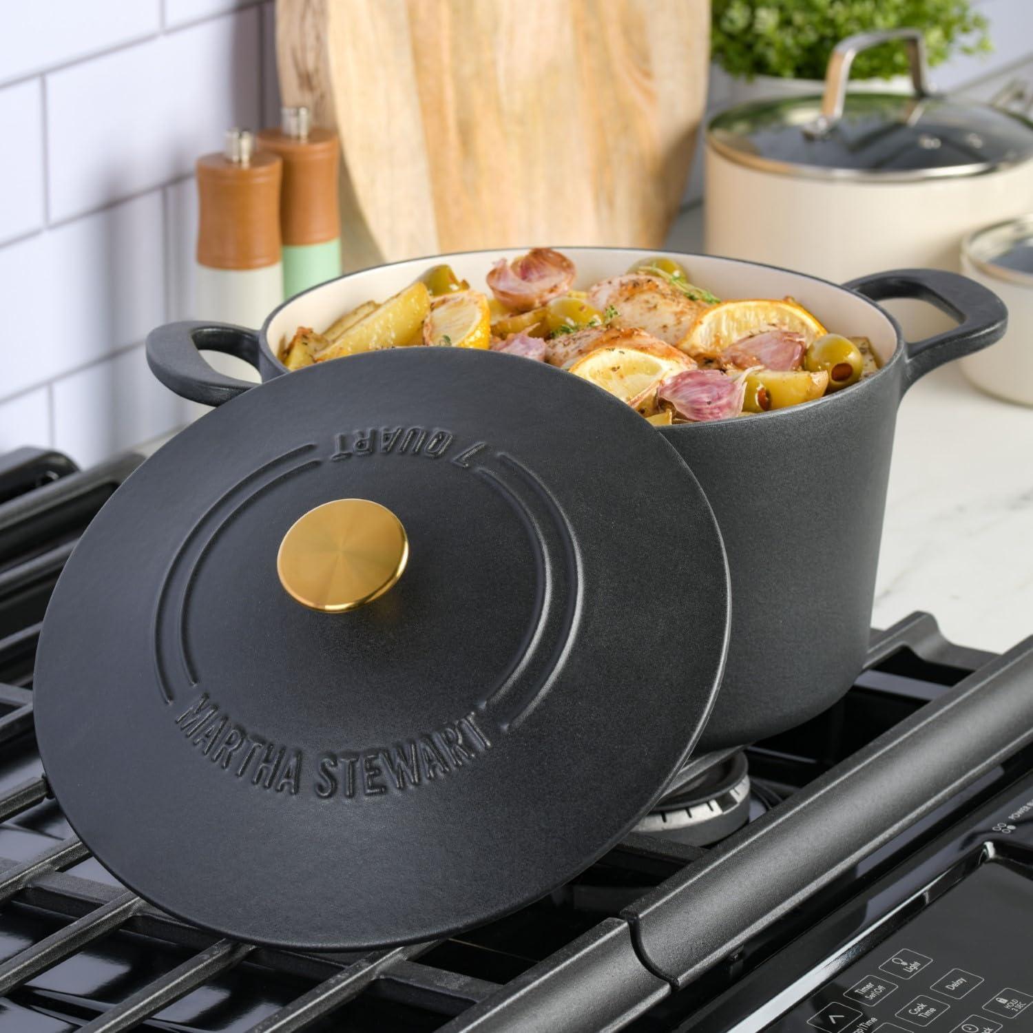 imageMARTHA STEWART Gatwick 7Quart Enamel Cast Iron Dutch Oven Martha Blue Durable HeavyDuty Dutch Oven for Slow Cooking Braising amp BakingBlack Matte