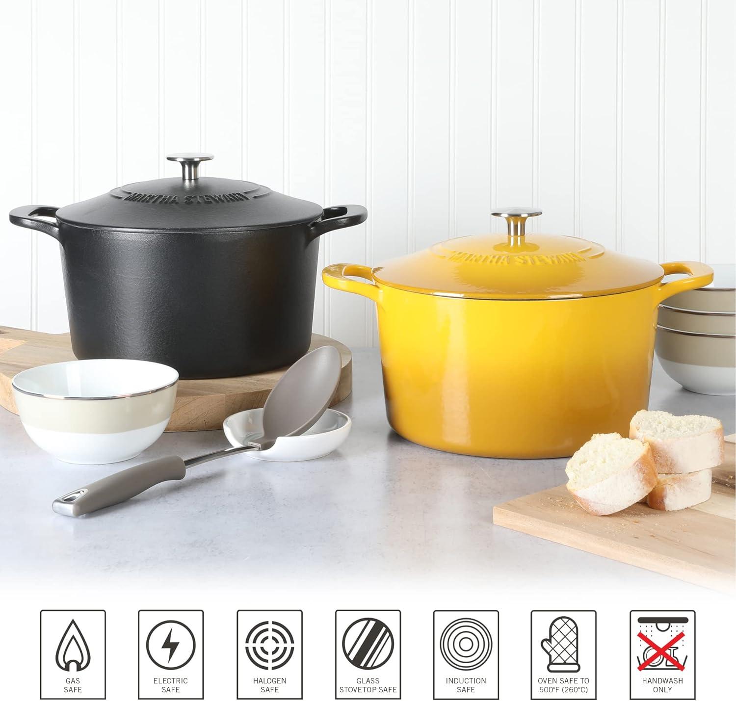 imageMARTHA STEWART Gatwick 7Quart Enamel Cast Iron Dutch Oven Martha Blue Durable HeavyDuty Dutch Oven for Slow Cooking Braising amp BakingBlack Matte