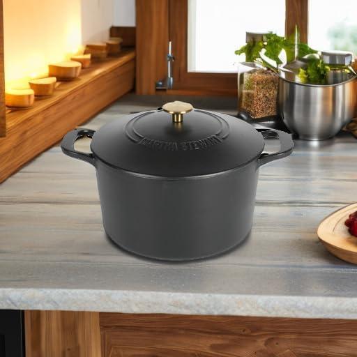 imageMARTHA STEWART Gatwick 7Quart Enamel Cast Iron Dutch Oven Martha Blue Durable HeavyDuty Dutch Oven for Slow Cooking Braising amp BakingBlack Matte
