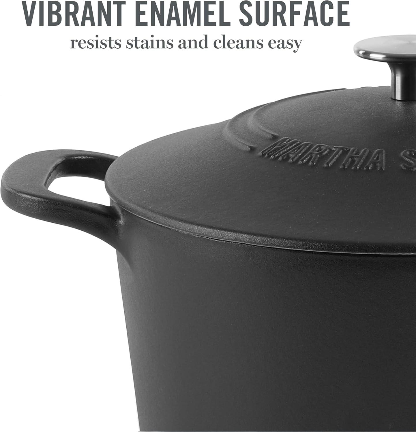 imageMARTHA STEWART Gatwick 7Quart Enamel Cast Iron Dutch Oven Martha Blue Durable HeavyDuty Dutch Oven for Slow Cooking Braising amp BakingBlack Matte