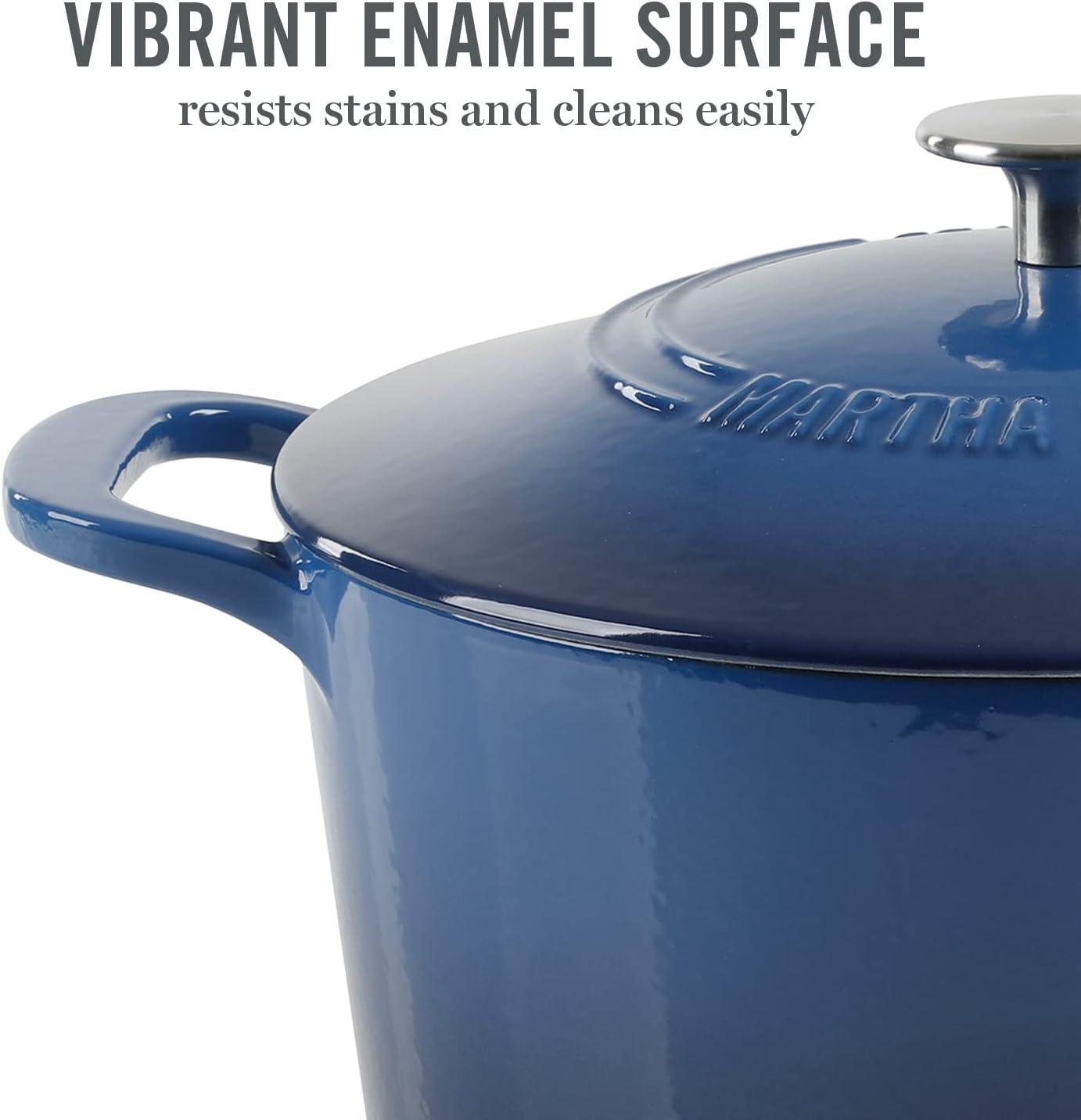 imageMARTHA STEWART Gatwick 7Quart Enamel Cast Iron Dutch Oven Martha Blue Durable HeavyDuty Dutch Oven for Slow Cooking Braising amp BakingClassic Blue