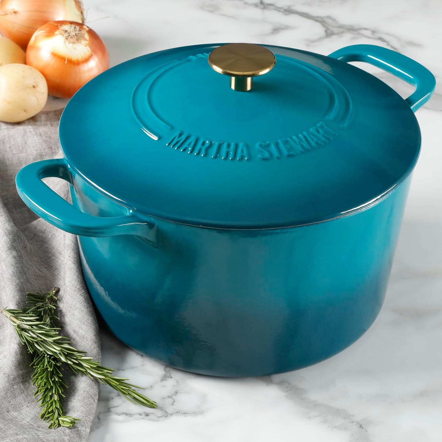 imageMARTHA STEWART Gatwick 7Quart Enamel Cast Iron Dutch Oven Martha Blue Durable HeavyDuty Dutch Oven for Slow Cooking Braising amp BakingEmerald Ombre