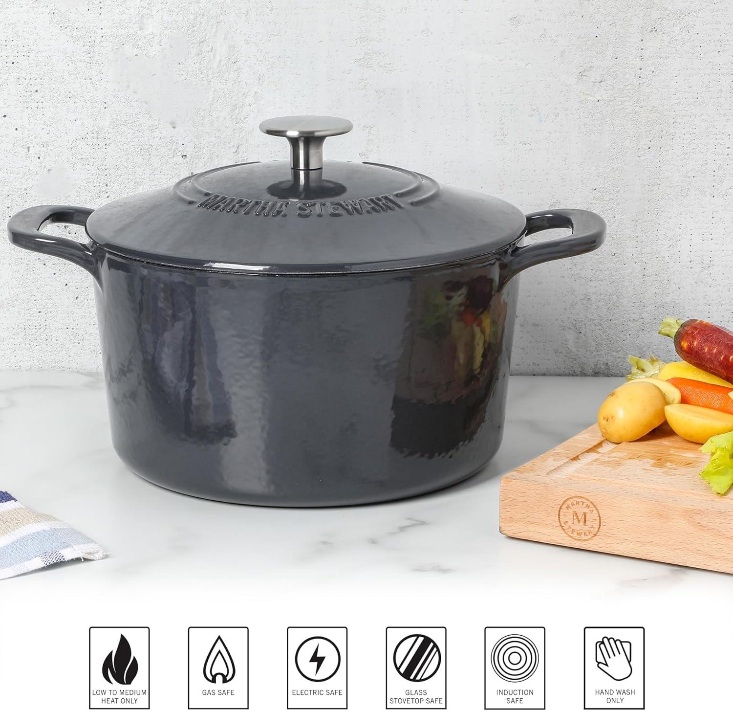 imageMARTHA STEWART Gatwick 7Quart Enamel Cast Iron Dutch Oven Martha Blue Durable HeavyDuty Dutch Oven for Slow Cooking Braising amp BakingGray